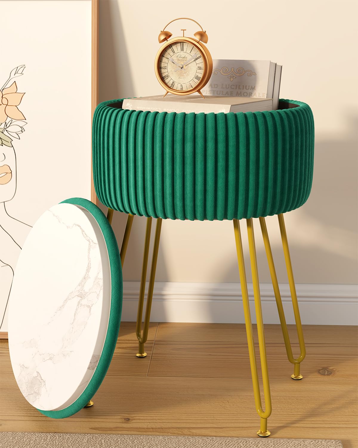 IBUYKE Velvet Storage Footrest Stool Ottoman, Makeup Vanity Stool Side Table with Golden Steel Legs Removable Cover, Coffee Table Top Cover, Green LG-20L