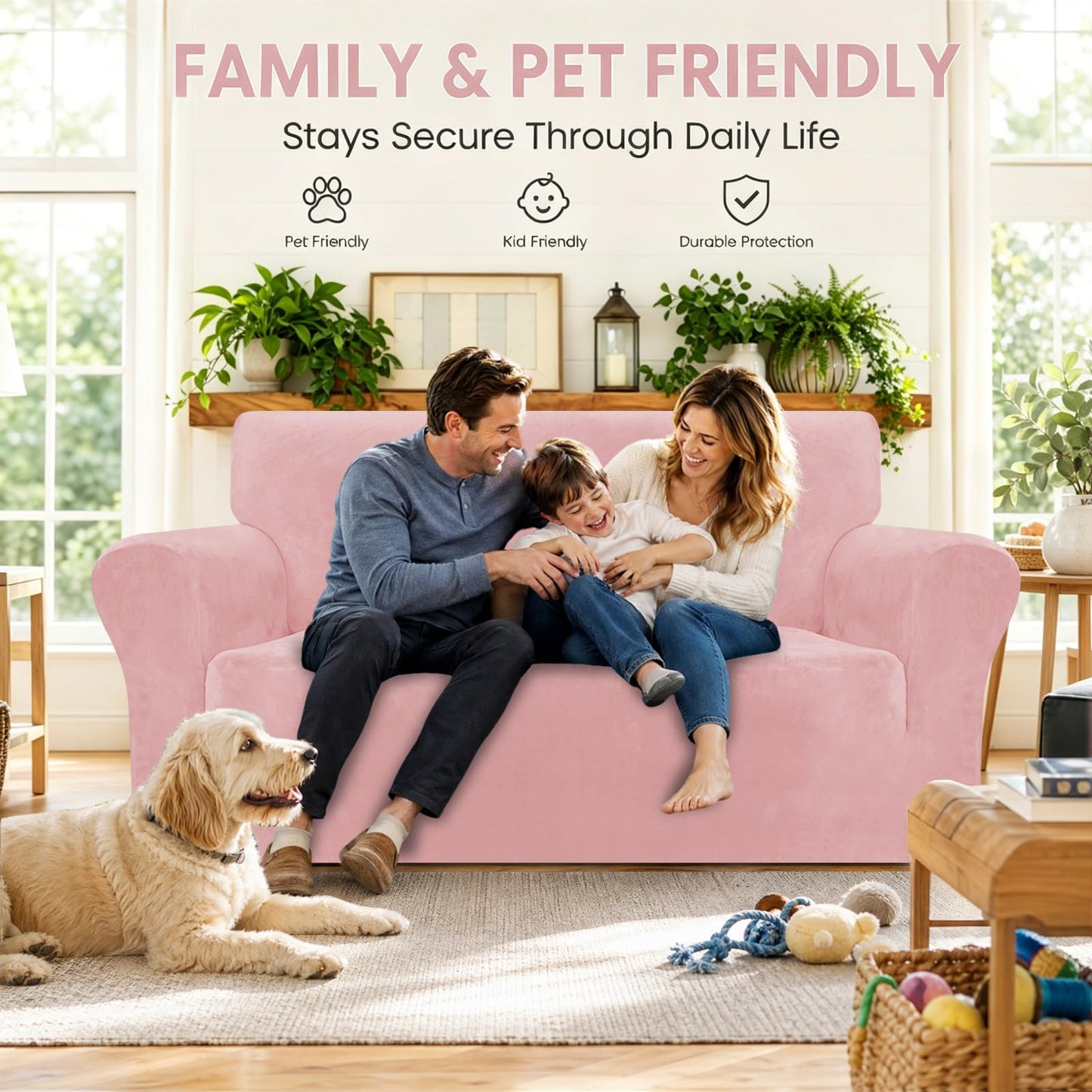 YEMYHOM Real Velvet Couch Covers for 2 Cushion Couch High Stretch 1 Piece Loveseat Slipcover for Pets Dogs Anti Slip Love Seat Sofa Slipcover Furniture Protector (55"-69", Dusty Pink)