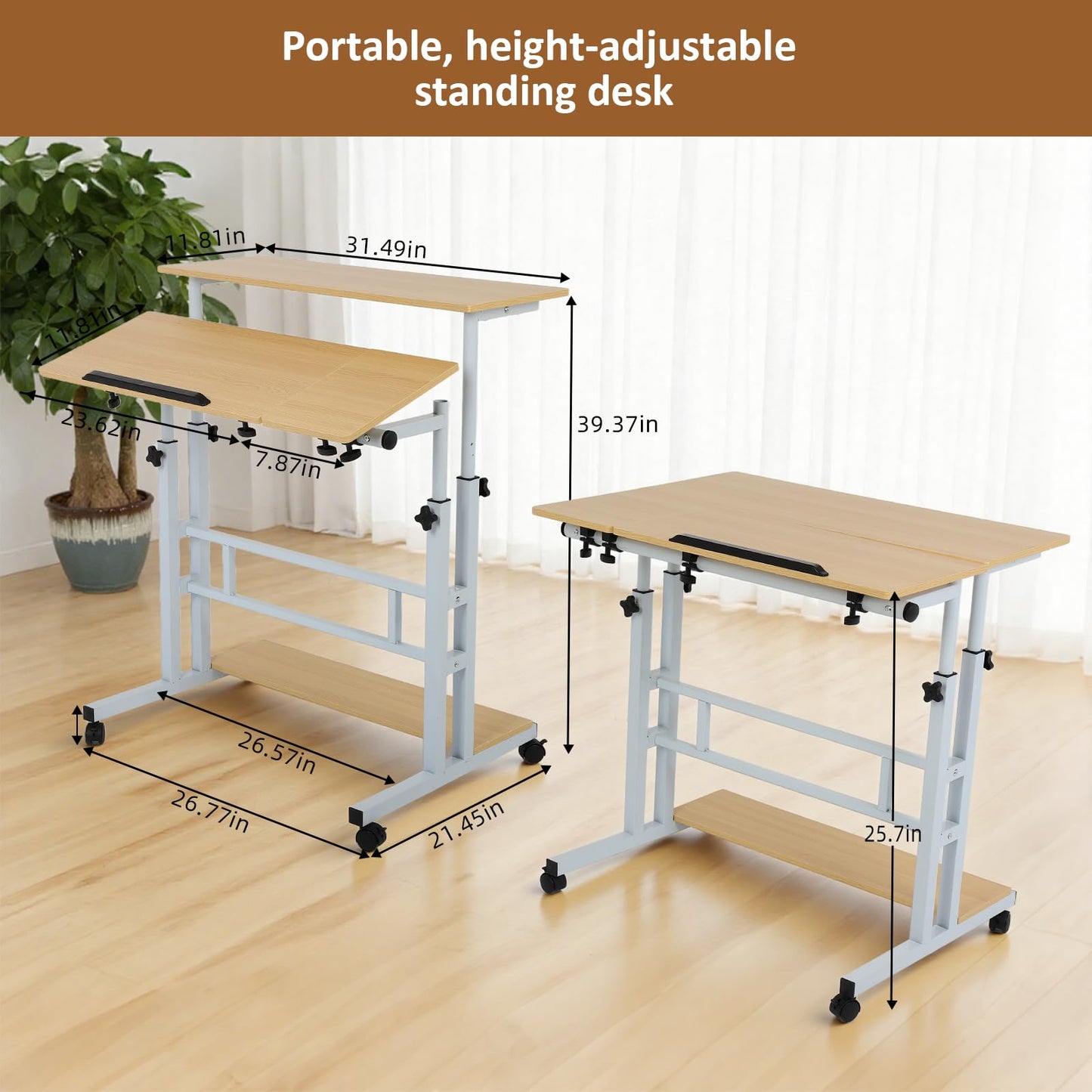 FAHKNS Small Standing Desk, Adjustable Height Portable Standing Desk with Wheels, Mobile Stand Up Desk for Home Reading Desk and Office Work