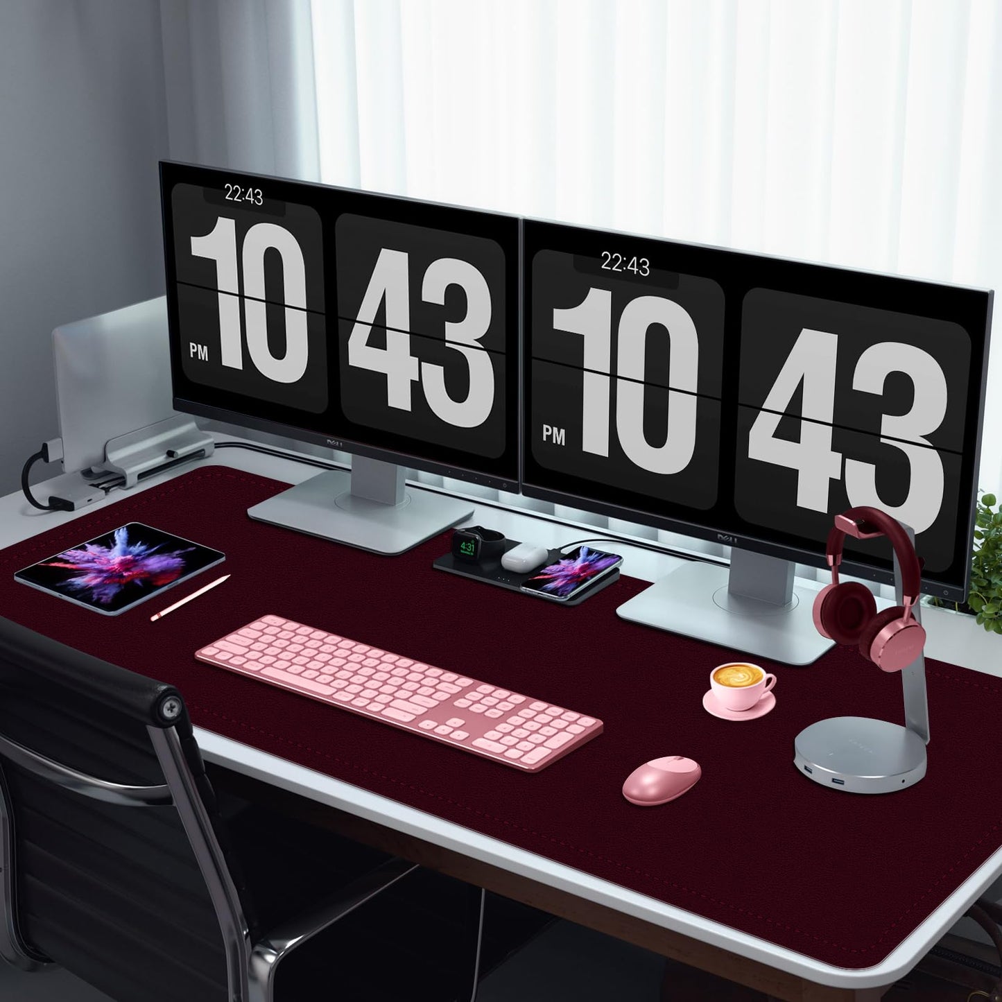 Large Desk Mat 35.4" x 17", PU Leather Desk Pad Protector, Non-Slip Large Mouse Pad for Desk, Waterproof Computer Desk Mat, Office Desk Pad for Keyboard Mouse, Desk Writing Mat (Burgundy)