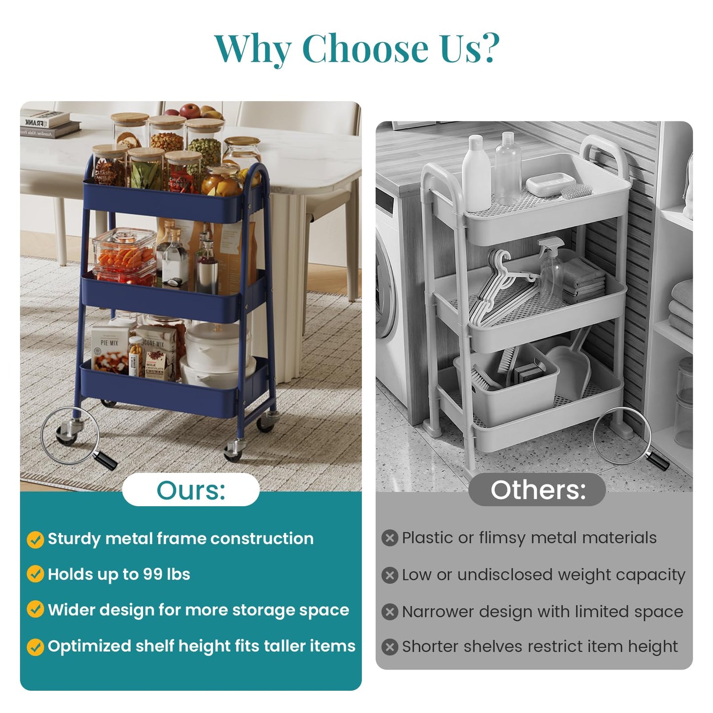 NEWBULIG 3-Tier Metal Rolling Cart with Lockable Wheels, Heavy Duty Mobile Utility Storage Shelf, Roller Book Snack Cart, Organization for Livingroom, Bathroom, Office, Blue