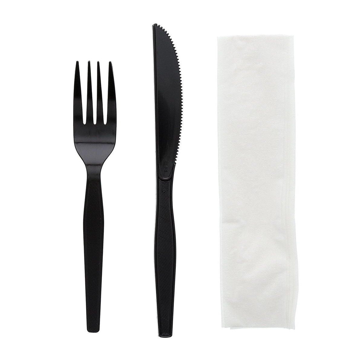 AmerCareRoyal 3-in-1 Disposable Silverware Medium Heavy Weight Plastic Utensil Set with Fork, Knife and 12x13 inch Napkin - Individually Wrapped Cutlery Meal Kit, Black, Case of 500