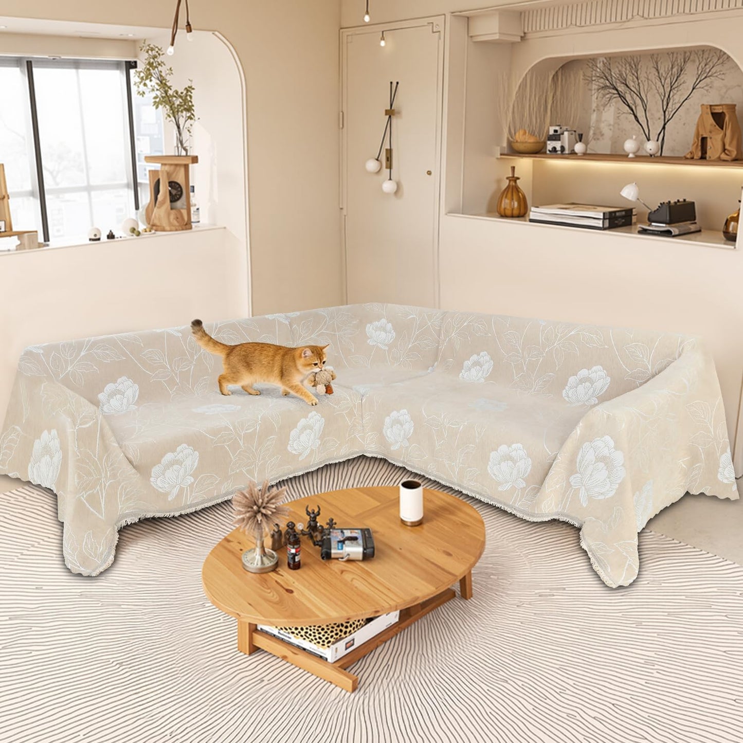 SYJOVIA 1OO% Waterproof Sectional Couch Covers for Dogs L Shaped Corner Sofa Cover Washable Chenille Sofa Slipcovers Blanket Modern Jacquard Pet Furniture Protector (91"x252", Beige Flower)