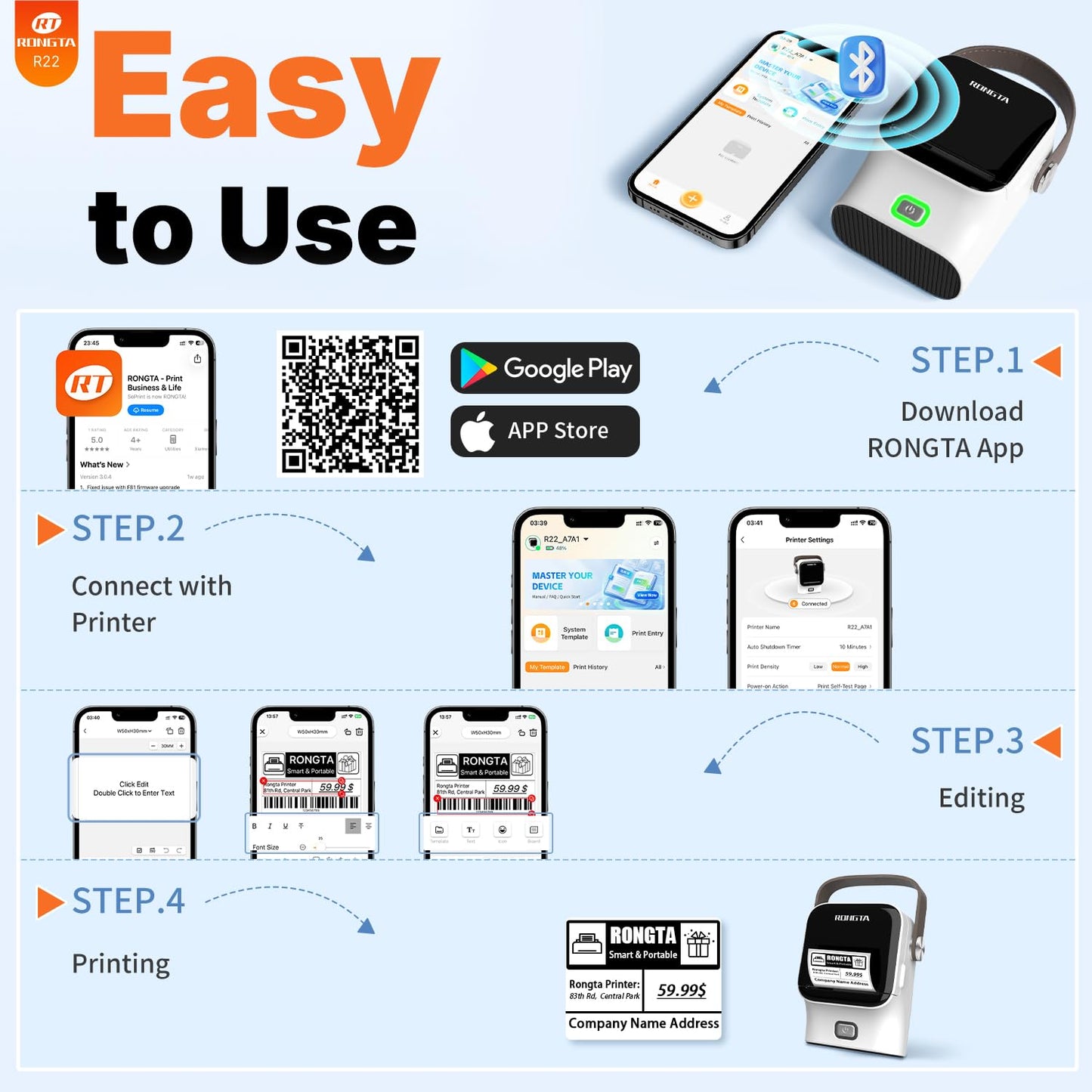 Rongta Bluetooth Label Maker Machine with Tape, Thermal Label Printer for Office, Small Business Essentials, Home Organization, Portable Inkless Sticker Label Maker with 2x1.18 inch Labels