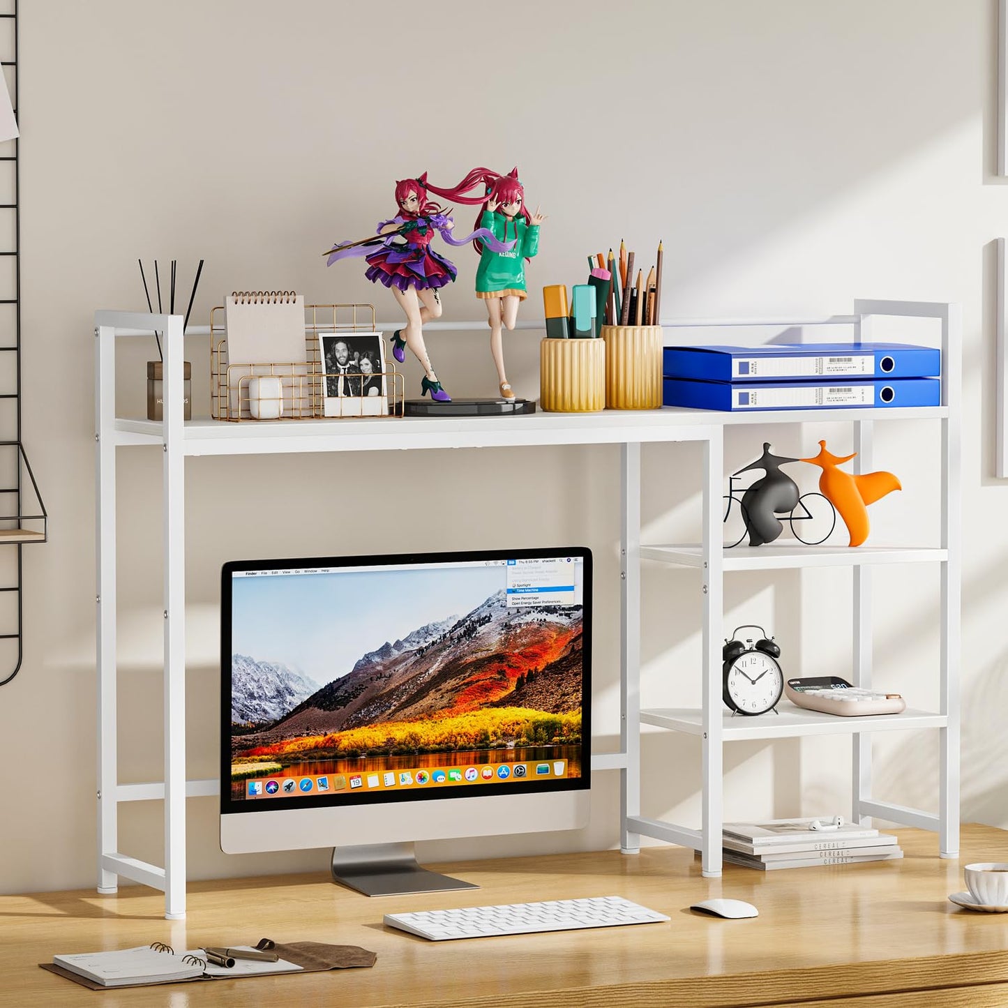Snughome Desk Shelf, 44.9" Large Desktop Organizer Shelf, Desk Hutch for Monitor, 4 Tier Display Rack, Wooden Desktop Bookshelf Storage Rack for Home Office Dorm