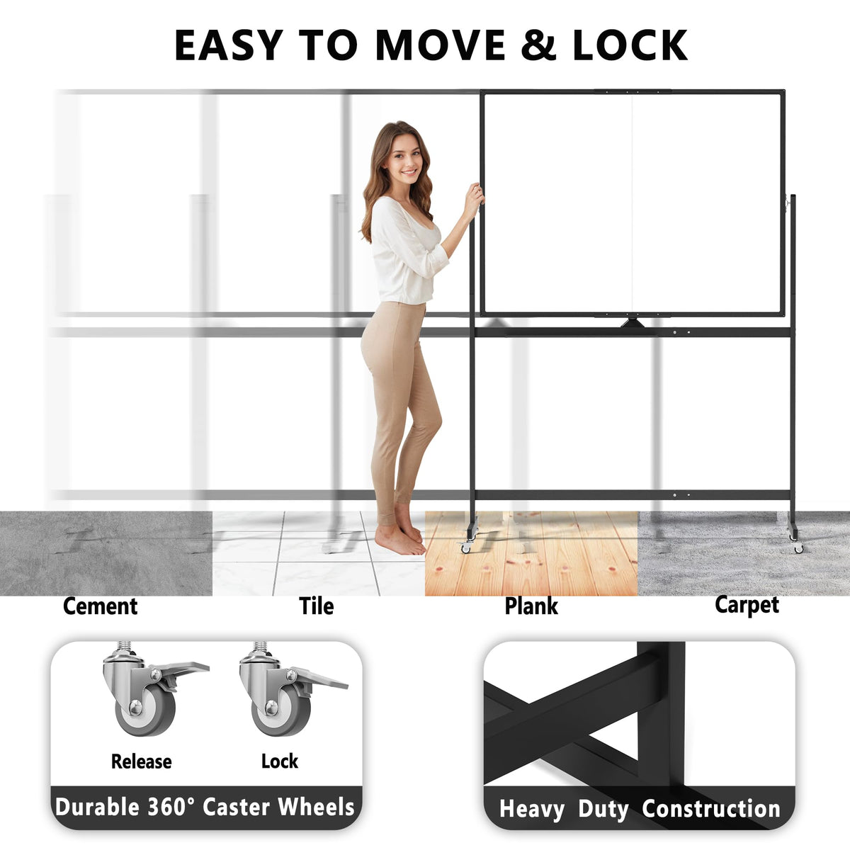 Large Rolling Whiteboard on Wheels, 48" x 36" Double-Sided Mobile White Board with Stand, 4' x 3' Portable Standing Magnetic Dry Erase Board Easel for Home Office Classroom School, Black