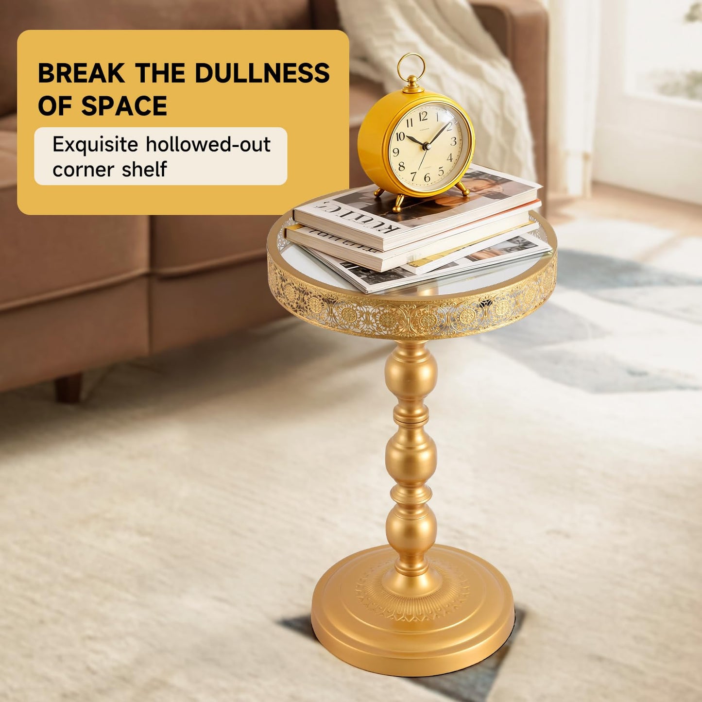 taotanra-Gold Round End Table with Glass Top, Hollow-Carved Metal Frame Small Pedestal Side Table, Modern Accent Coffee Table for Living Room Bedroom Entryway Home Decor