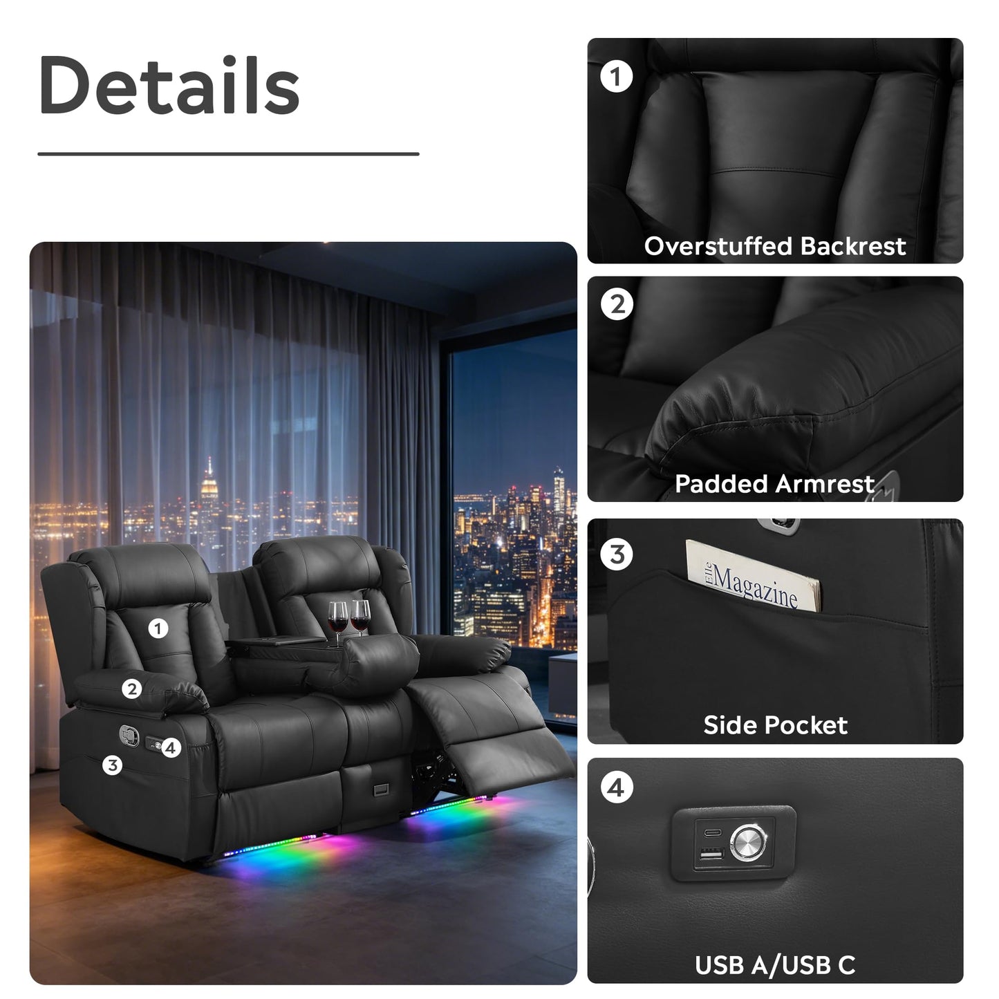 AHMED Loveseat Recliner Sofa with Console, Home Theater Seating with LED Lights, Cup Holders, USB Ports, Side Pockets, 2 Seater Manual Reclining Couch for Living Room, RV, Home Theater, Black