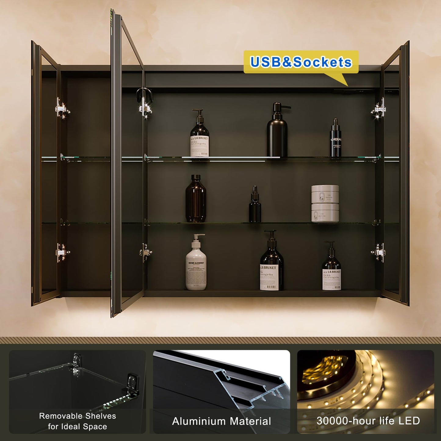 GANPE LED Lighted Bathroom Medicine Mirror Cabinet with Sockets & USBs, Anti-Fog Dimmable Light and Color Adjustment, Easy to Install Aluminum Cabinet (40 * 28 Three-Door)