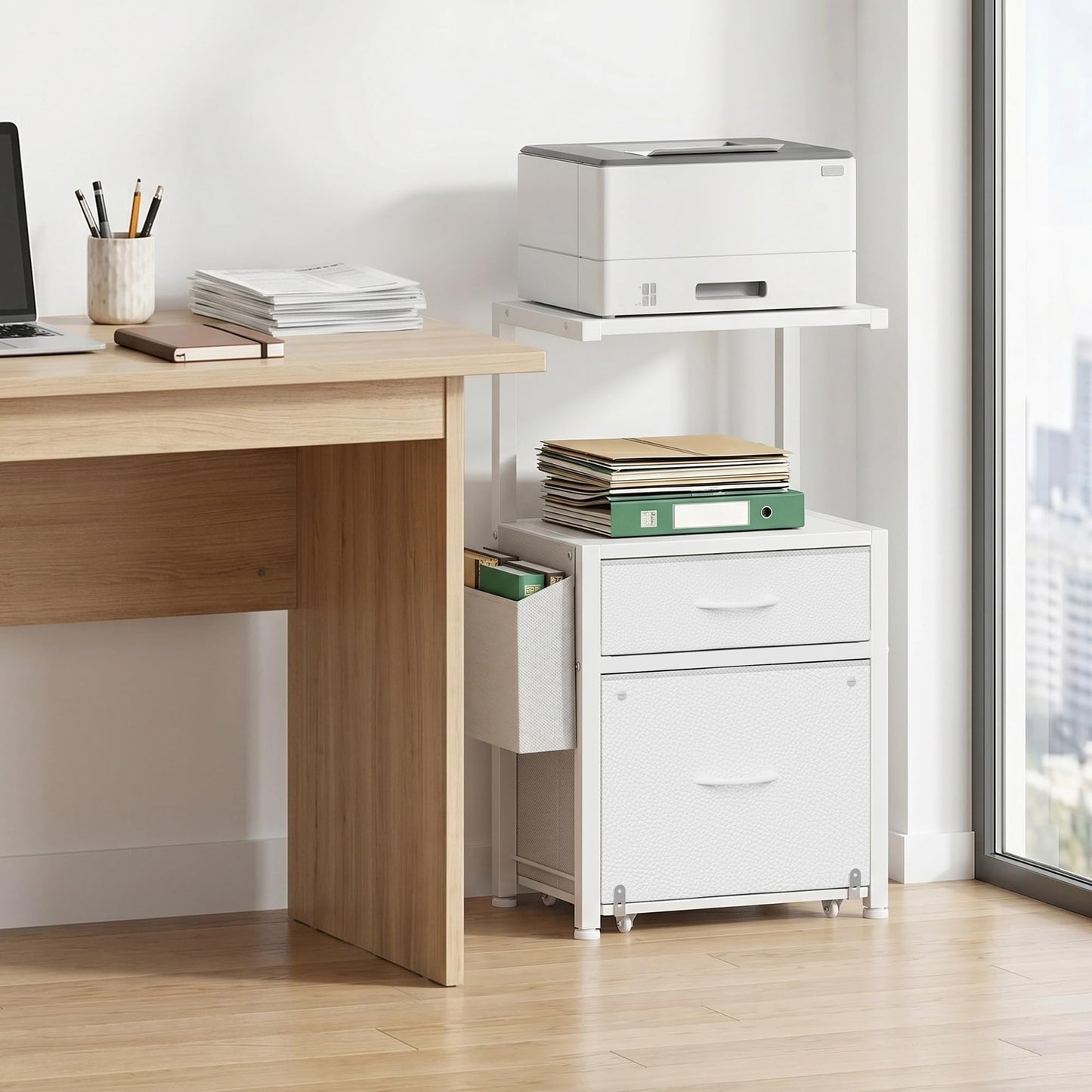 HIGDBFE File Cabinet with 2-Tier Shelf, Letter Size Drawer Filing Cabinet with Reversible Side Bag, Vertical Office Cabinet Printer Stand with Storage for Home Office, White, 16.5" W