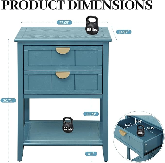 22" Blue Accent Side Cabinets, Modern Wood Sideboard