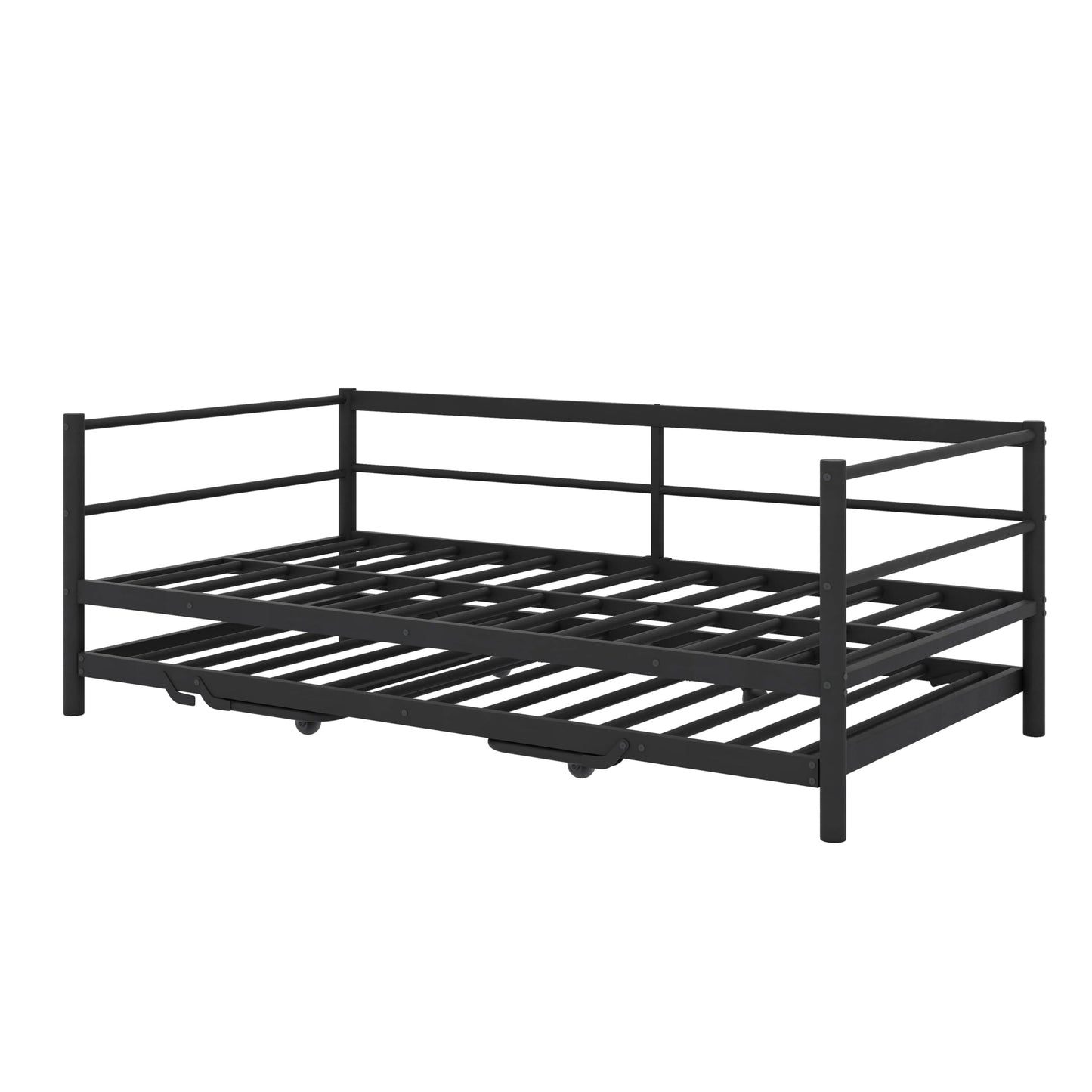 YunNianYang Twin Size Black Metal Daybed with LED and Adjustable Trundle