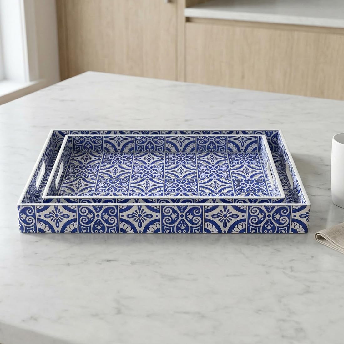Umisriro 2 Pack Serving Tray with Handles, Rectangular Decorative Trays for Coffee Table, Modern Blue Plastic Ottoman Tray for Living Room, Bathroom, Kitchen, Decor, (Boho Blue)