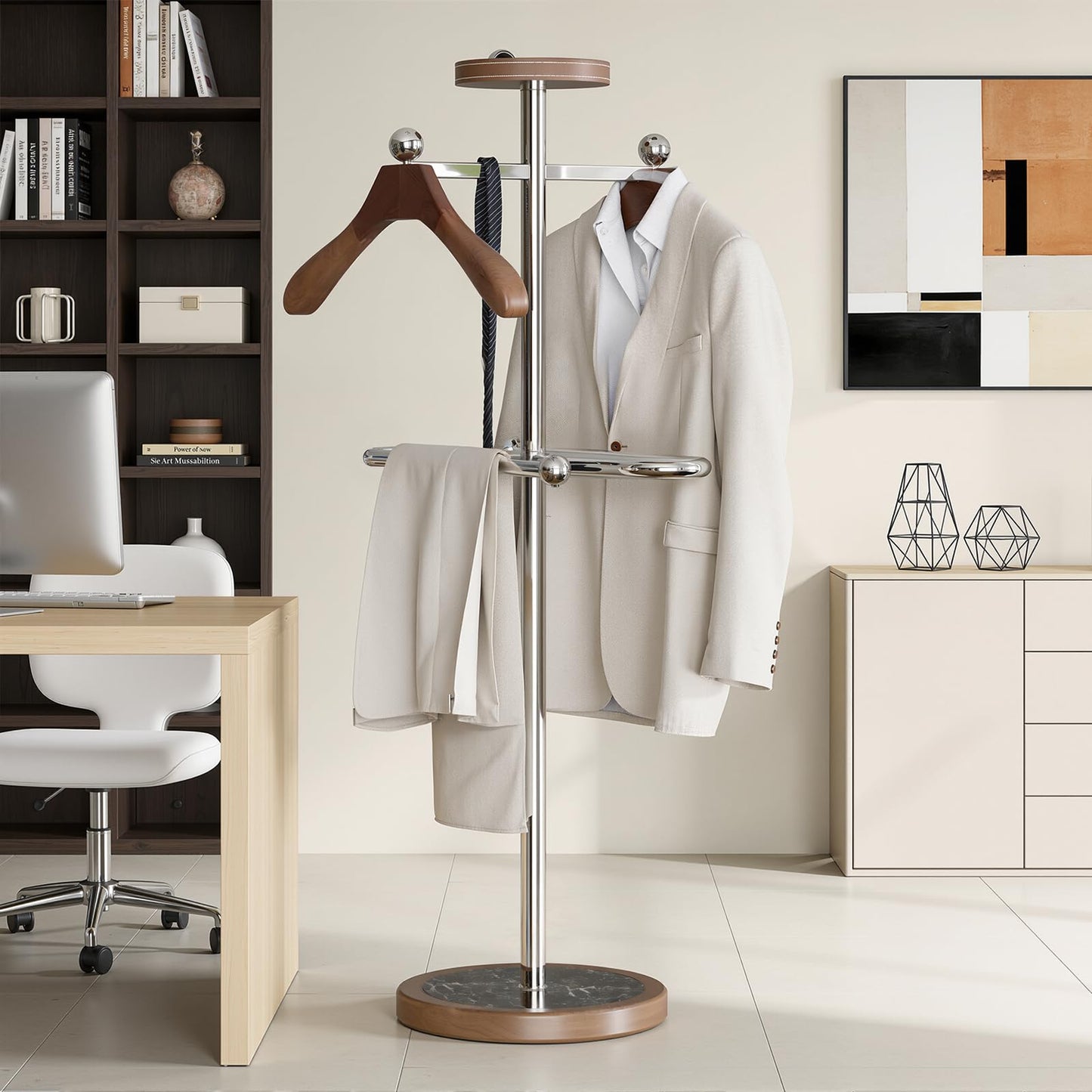 MLAVUDM Suit Valet Stand with Marble Base, Freestanding Men’s Clothing Organizer with 2 Wooden Hangers, Storage Tray, Stainless Steel Frame, for Bedroom, Office, Entryway (12.6" x 54.3")