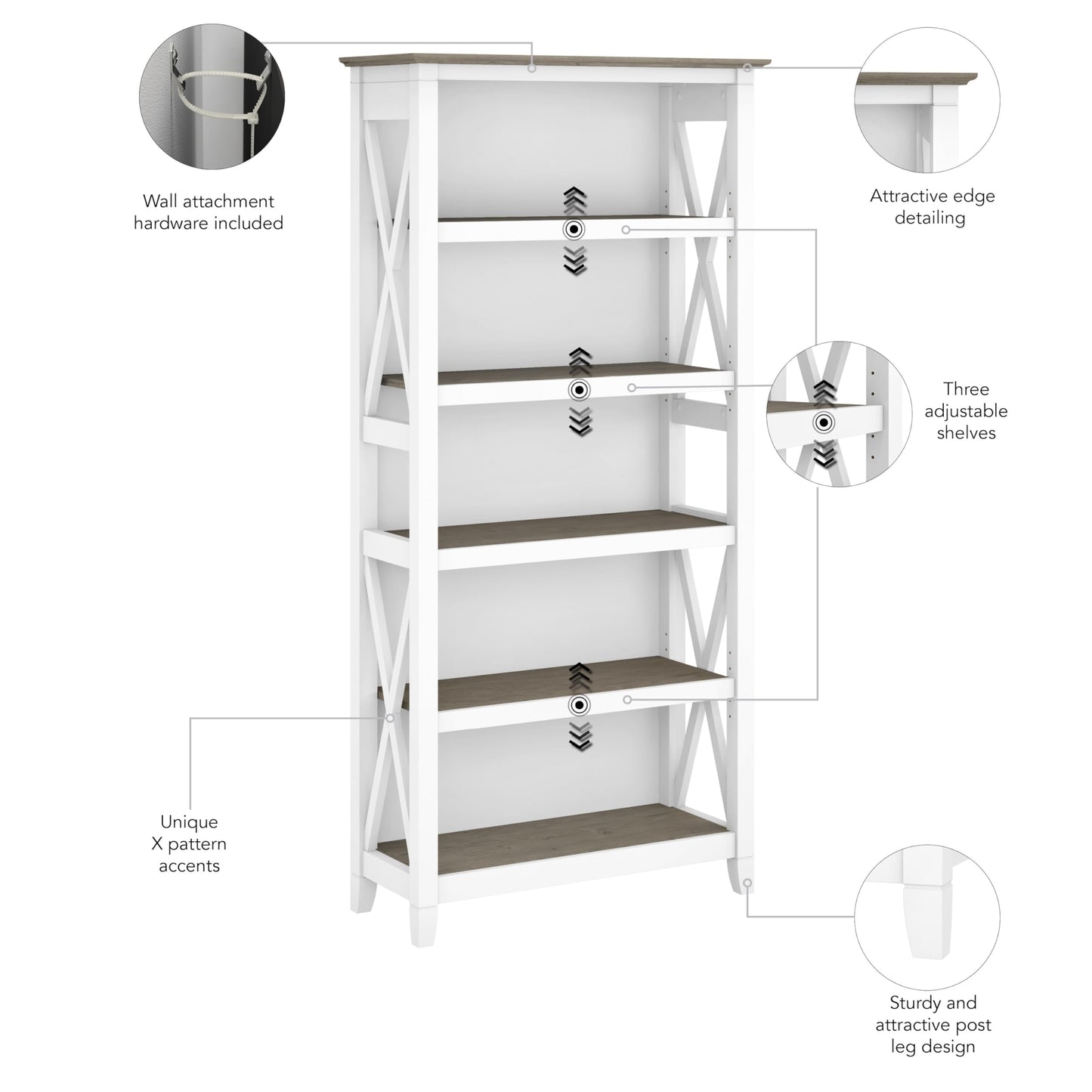 Bush Home Tall 5 Shelf Bookcase for Living Room or Home Office, Large Bookshelf, Modern Farmhouse Style, Key West Collection, Pure White and Shiplap Gray