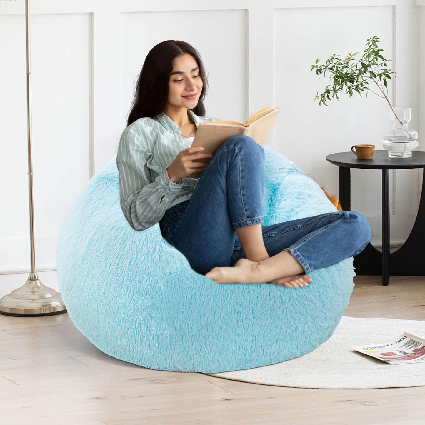 Blue plush bean bag chair covers (No Filler), comfy Furry Blue bean bag chair Cover for bedroom, stuffed animal Storage, kids adults teens girls bean bag chairs, Anti-Slip