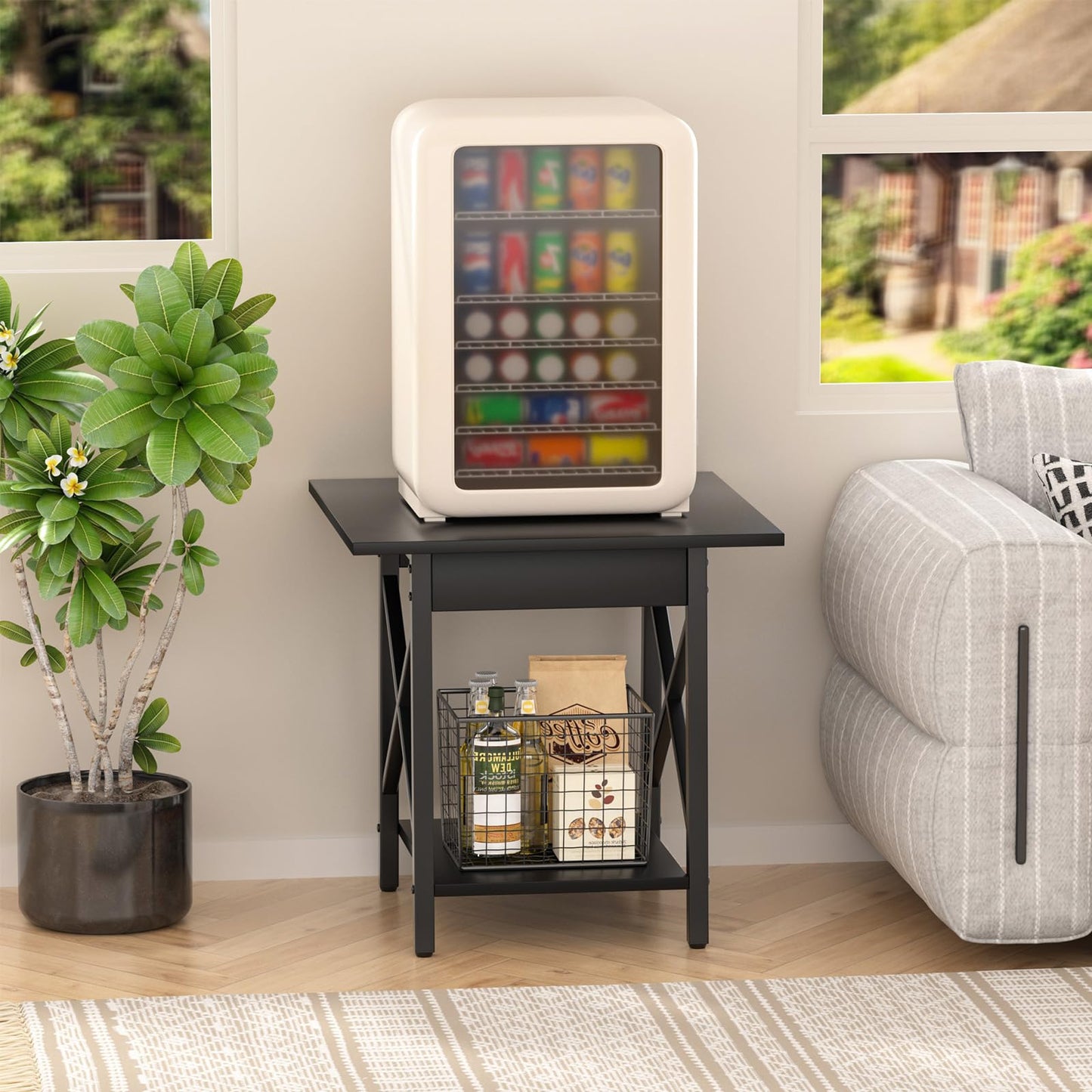 GreenForest Square End Table for Living Room, 24 Inch Large Side Table with X-Frame, Farmhouse Tall Bedside Nightstand with 2-Tier Storage Shelf, Black