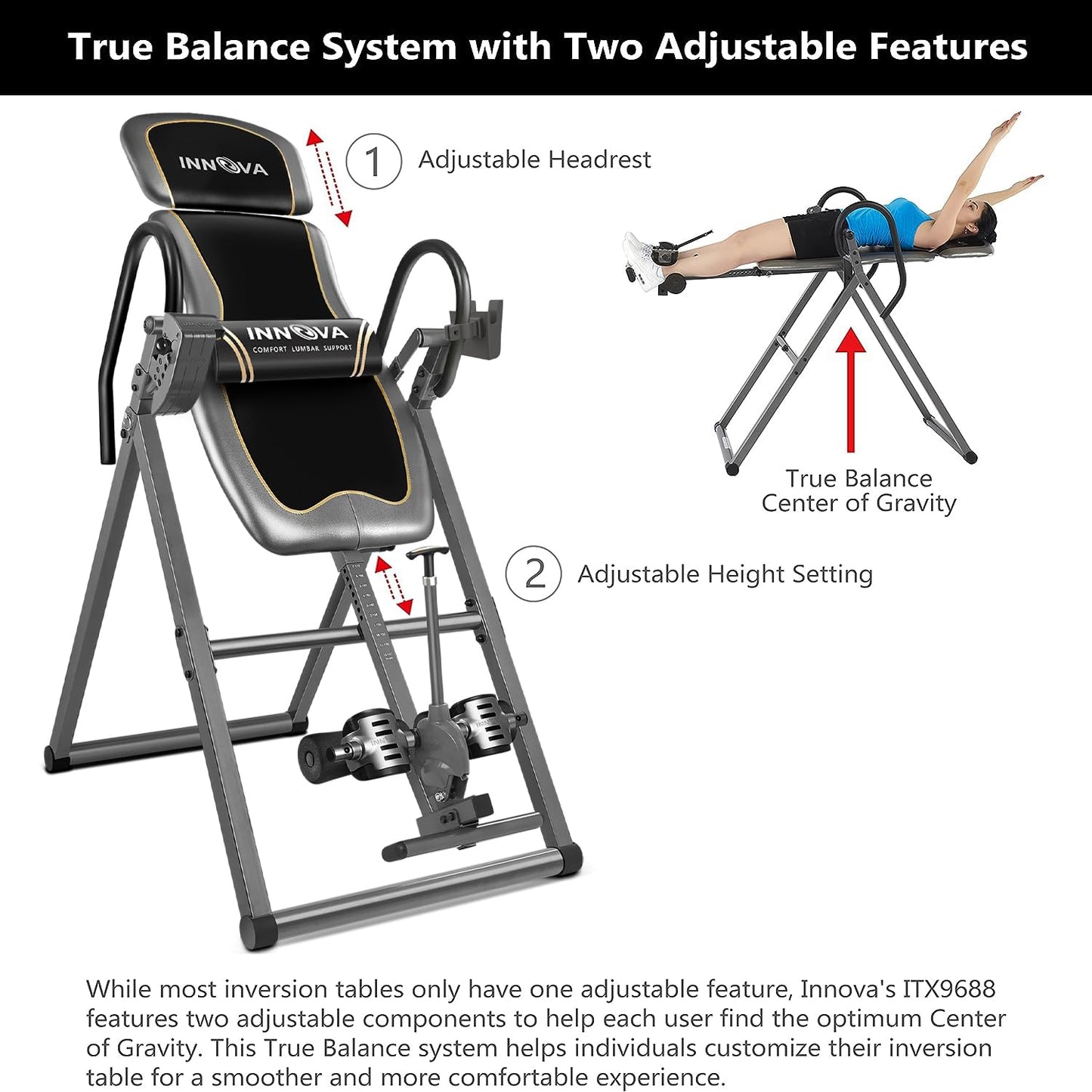 Innova Health and Fitness Inversion Table with Adjustable Headrest, Reversible Ankle Holders, and 300 lb Weight Capacity - Premium