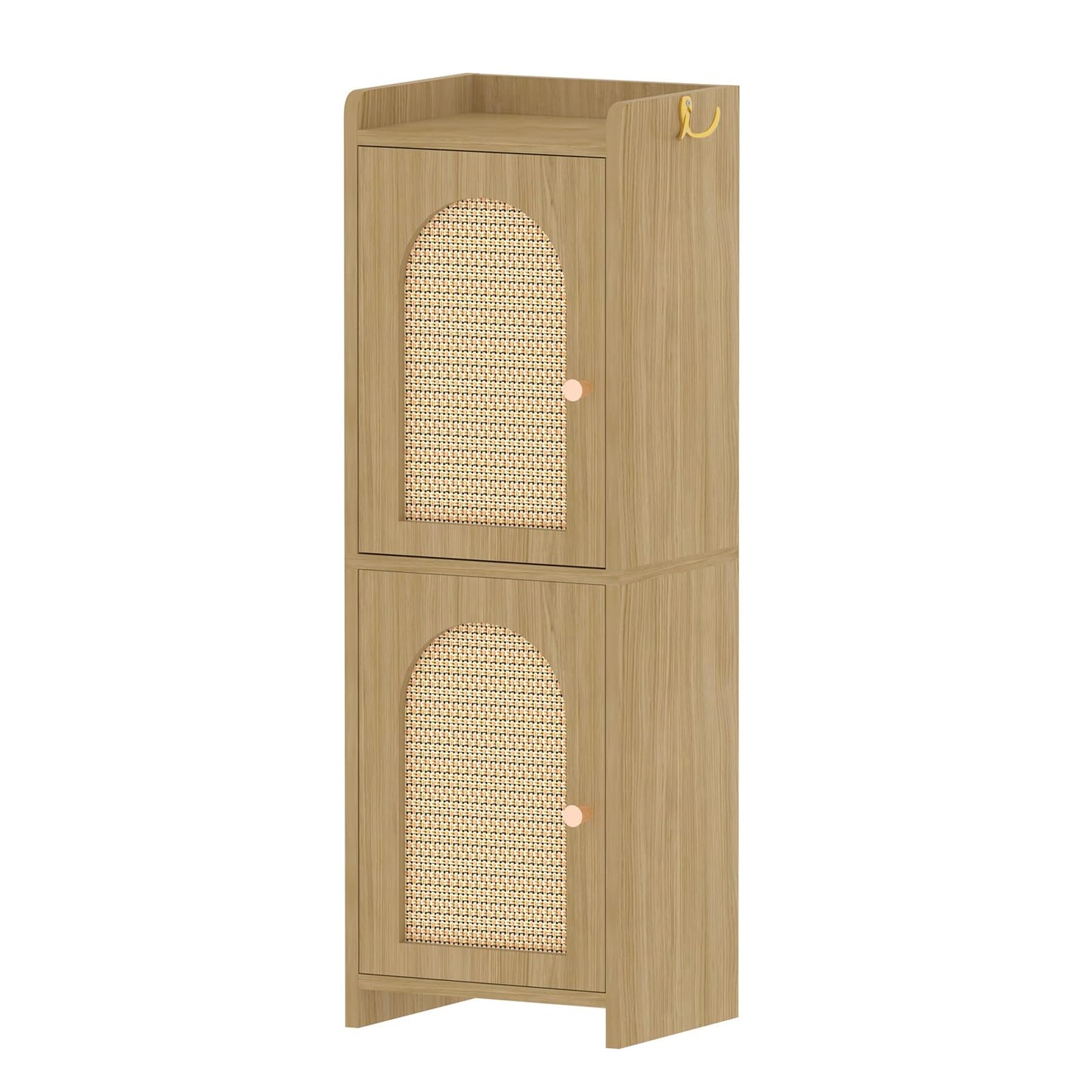 Arbuxzuy Rattan Bathroom Storage Cabinet,Corner Floor Cabinet with 2 Doors and Adjustable Shelf, Narrow Toilet Paper Cabinets with 2Hooks,Toilet Organizer for Small Spaces,7.87"D*9.84"W*29.72"H Oak