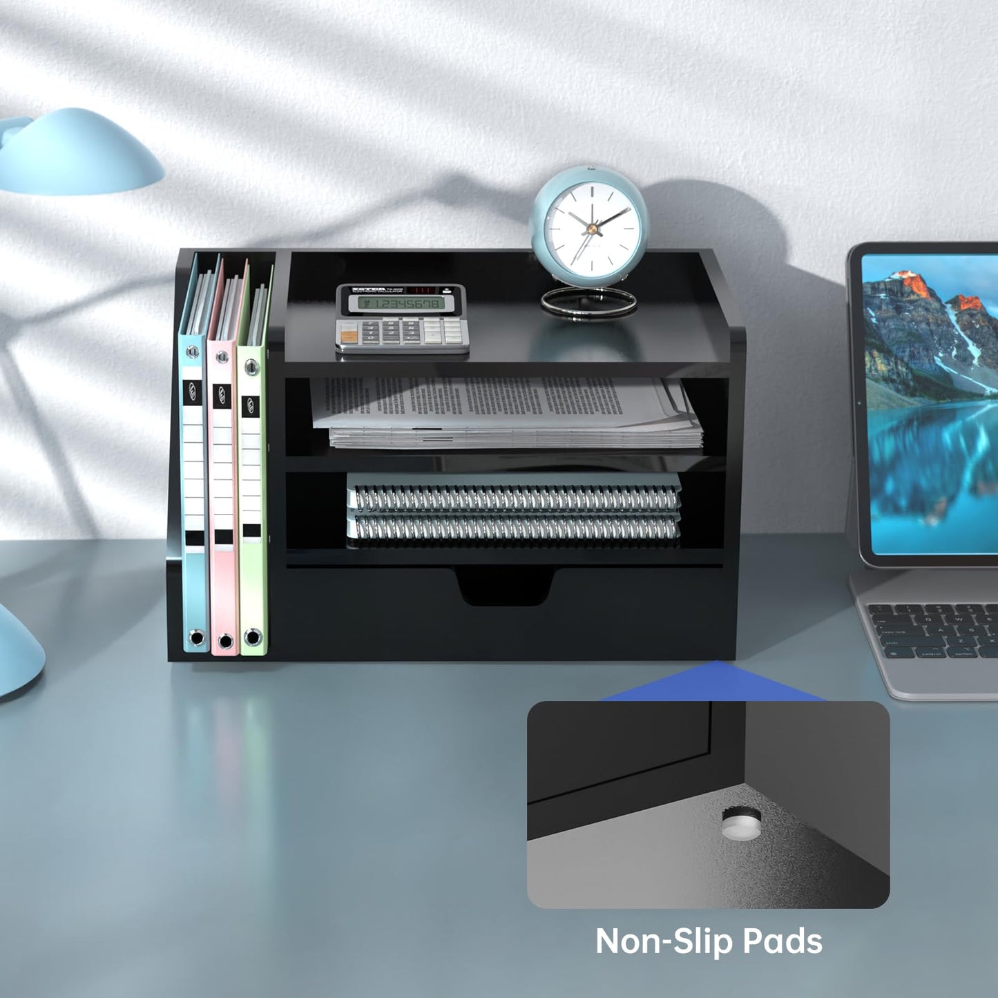 NiOffice Multi-Tier Wood Desk File Organizer, 3 Tray Shelves & Adjustable Drawer - Space-Efficient Design for Efficient Office Setup, Reduces Desk Clutter (Black)