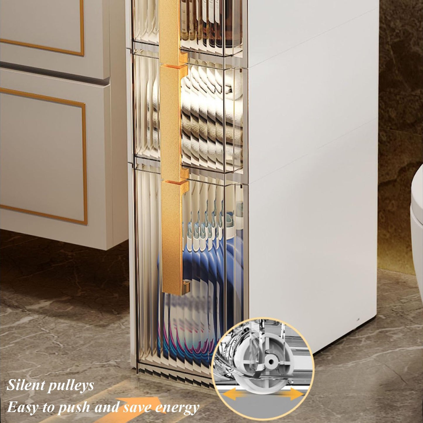 Small Bathroom Storage Cabinet Freestanding Side Cabinet Crevice Shelf Towel Organizer Holder with Clear Drawers and Casters for Bath Kitchen Accessories