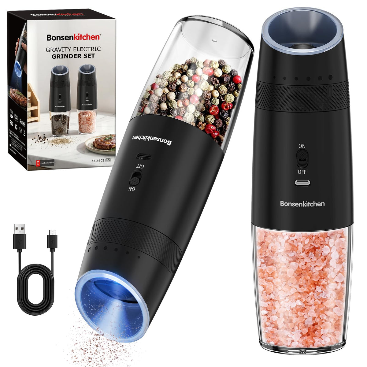 Bonsenkitchen Gravity Electric Salt and Pepper Grinder Set,Type-C Rechargeable Automatic Grinder With 6-Level Coarseness Adjustment, LED Light, 135ML Large Capacity for Kitchen, BBQ & Camping