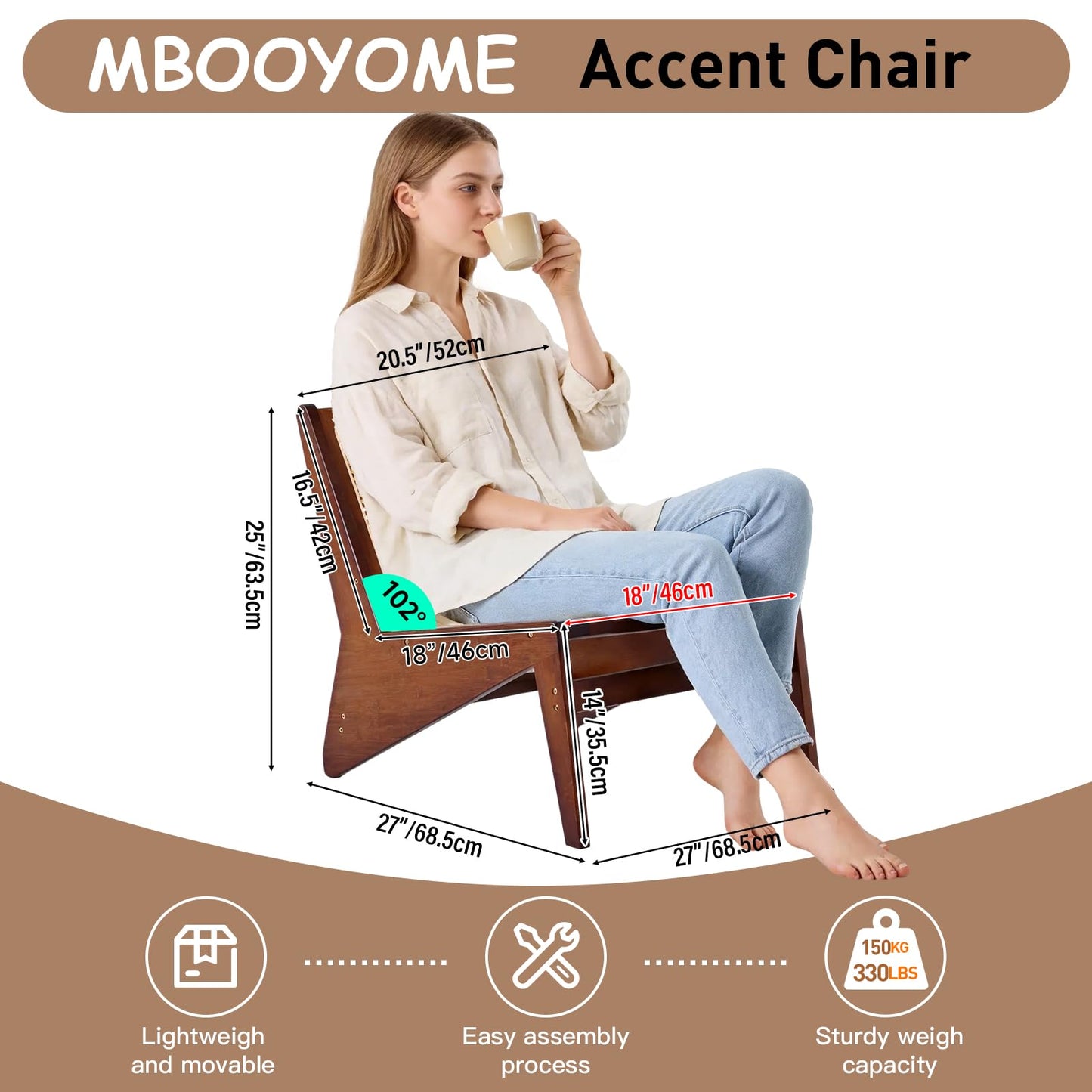 MBOOYOME Mid Century Modern Accent Chair for Living Room, Low Lounge Chair with Solid Wood Frame, Comfy Armchair for Bedroom and Balcony, Walnut
