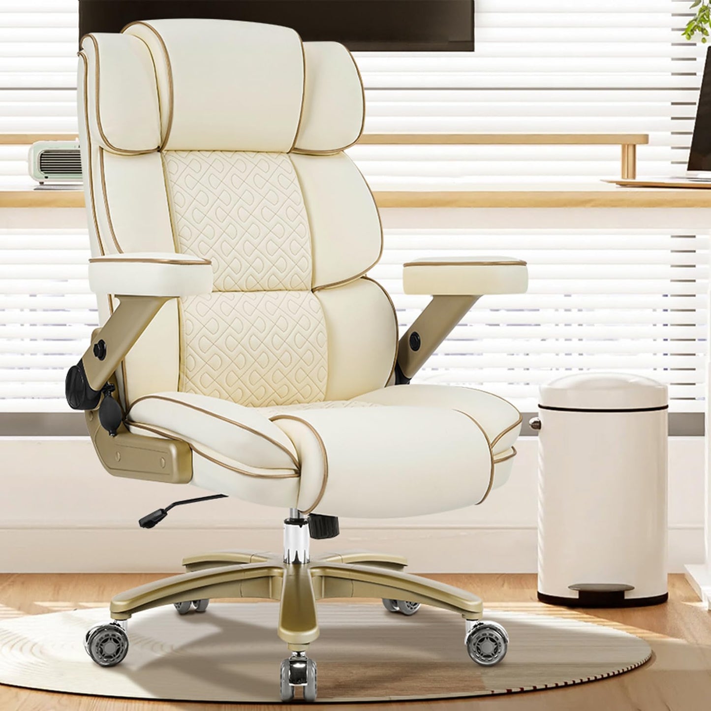 Furnistyle Big and Tall Office Chair 500lbs,5D Armrests Heavy Duty Executive Leather Chair with Comfortable Seat, Adjustable Lumbar, High Back, Large Computer Desk Chair for Home Office, Beige