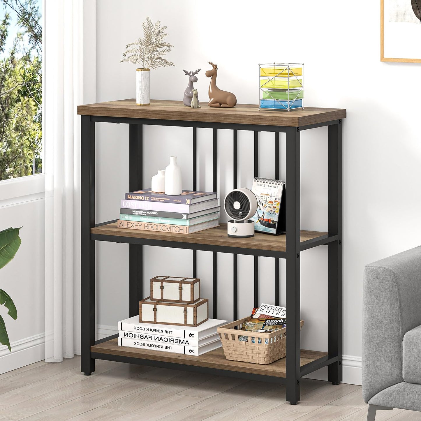 FOLUBAN Small Bookshelf and Bookcase, 3 Tier Open Book Shelf, Modern Metal and Wood Shelving Unit for Living Room Bedroom, Oak