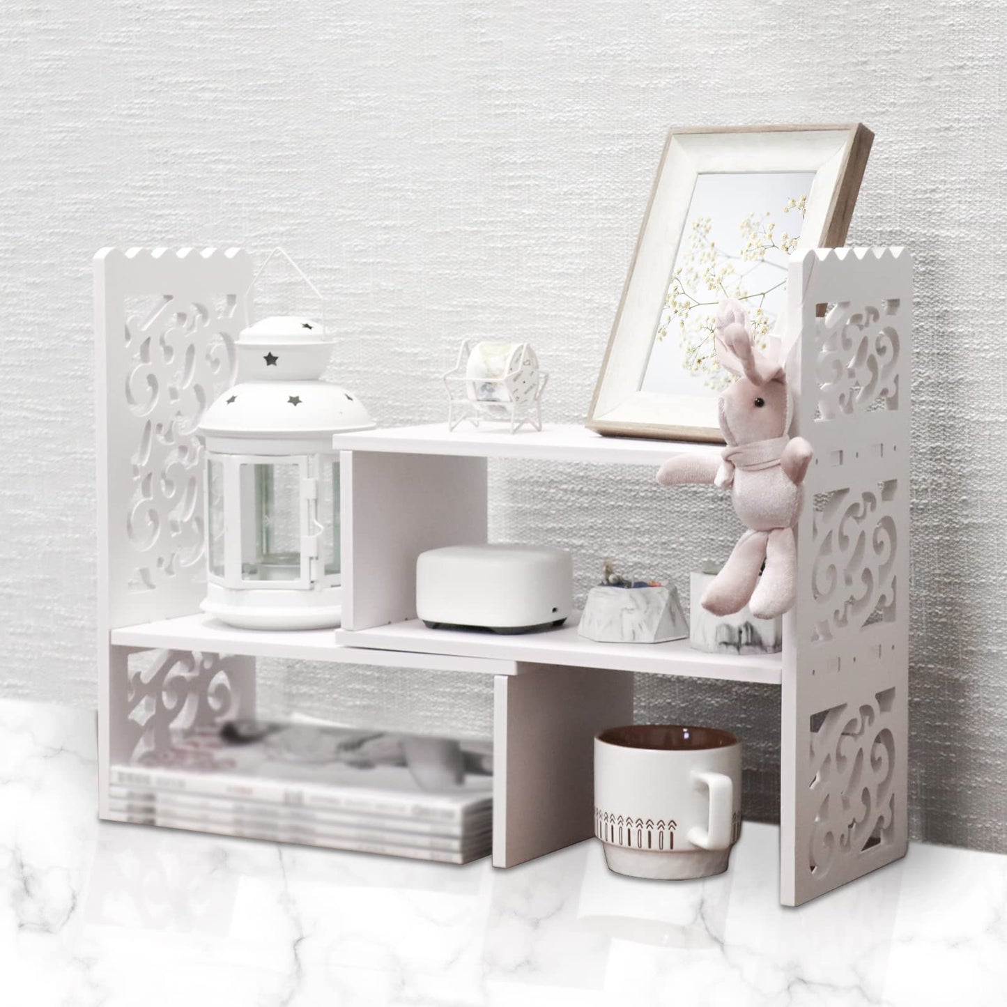 MASAKA B&W - Kawaii Storage Desktop Organizer for Your Desk Space, Double H Plants Display Shelf, Home Office Storage Rack Adjustable Stackable for Office, Dormitory (White*09)