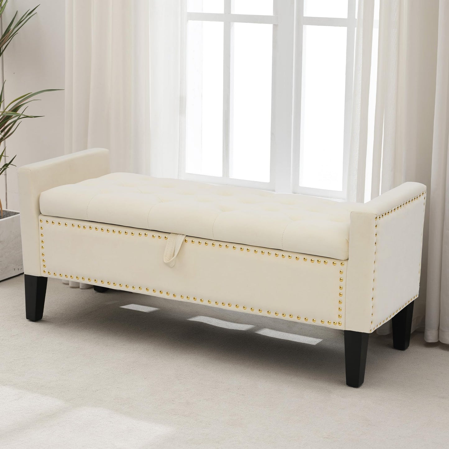 UDAX Storage Ottoman Bench, Velvet Upholstered Footstool for Bedroom and Living Room, Frosted Flannel Seat with Storage, Wooden Legs & Metal Rivets, Beige