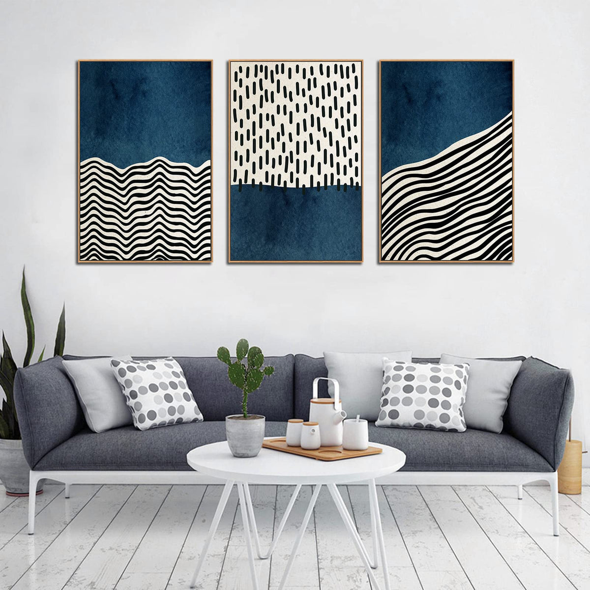 Framed Wall Art Canvas Set Mid Century Boho Picture Modern Abstract Geometric Lines Wall Decor Minimalist Black Indigo Canvas Painting Artwork Living Room Bedroom Home Office 24"x36"x3 Natural
