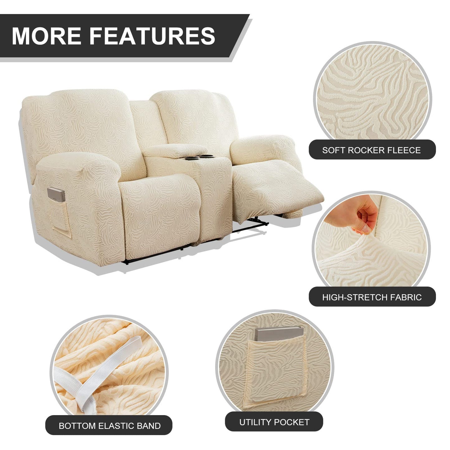 YUEANG Recliner Loveseat Cover with Center Console, 2 Seater Leopard Recliner Sofa Slipcover with Pockets Washable Stretch Reclining Couch Covers Furniture Protector with Elastic Straps (Beige)