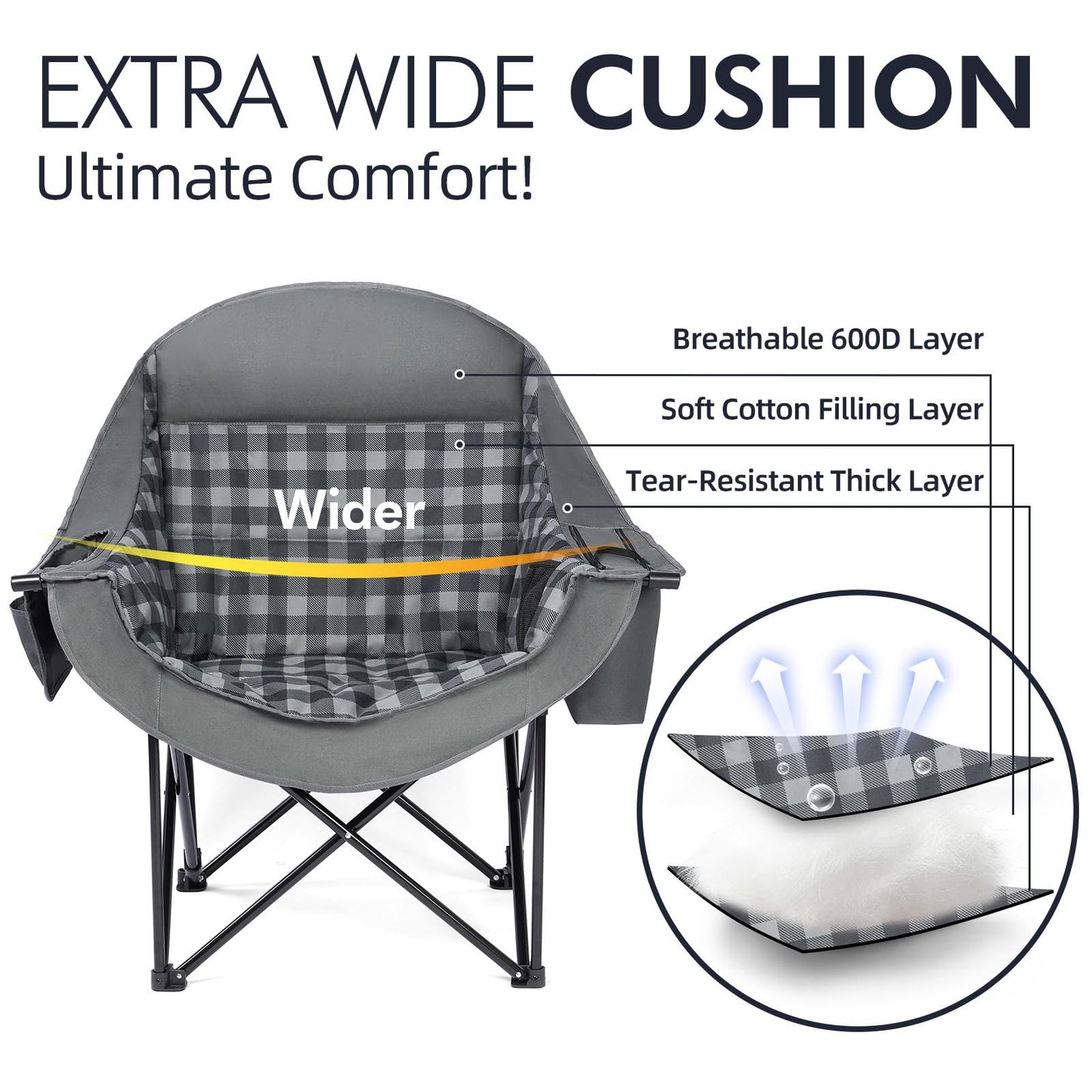 Oversized Camping Chairs for Adults - Heavy Duty Padded Outdoor Folding Lawn XL Camp Chair with Cup Holder Cooler Pockets for Outside Sports Beach Fishing Garden Portable Supports 500lbs, Grey