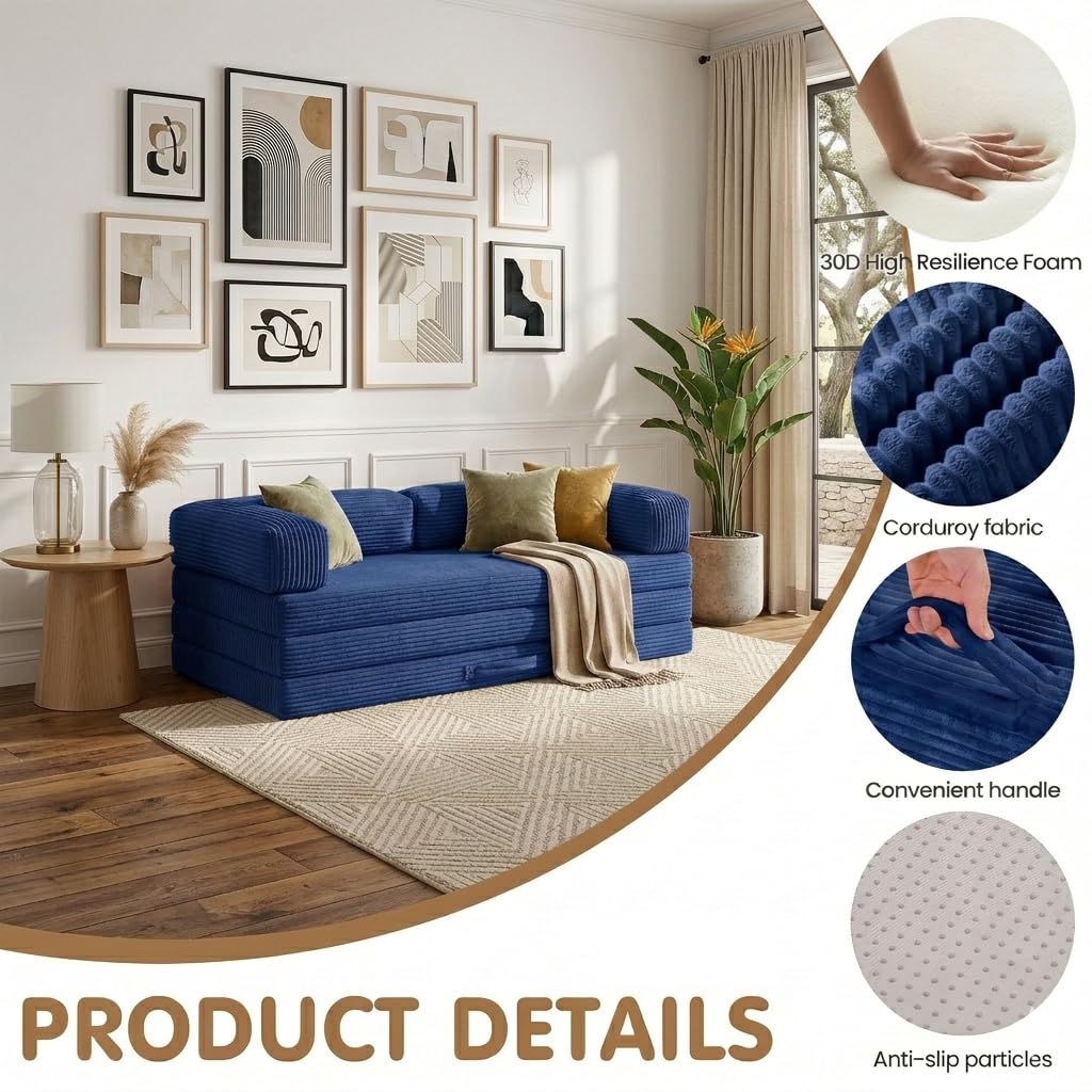 Convertible Sofa Bed Queen,5-in-1 Boneless Couch with Removable Armrests & Handle,Corduroy Futon Sleeper Sofa,Floor Folding Mattress Pull Out Bed for Small Space Apartment Living Room Bedroom,Blue