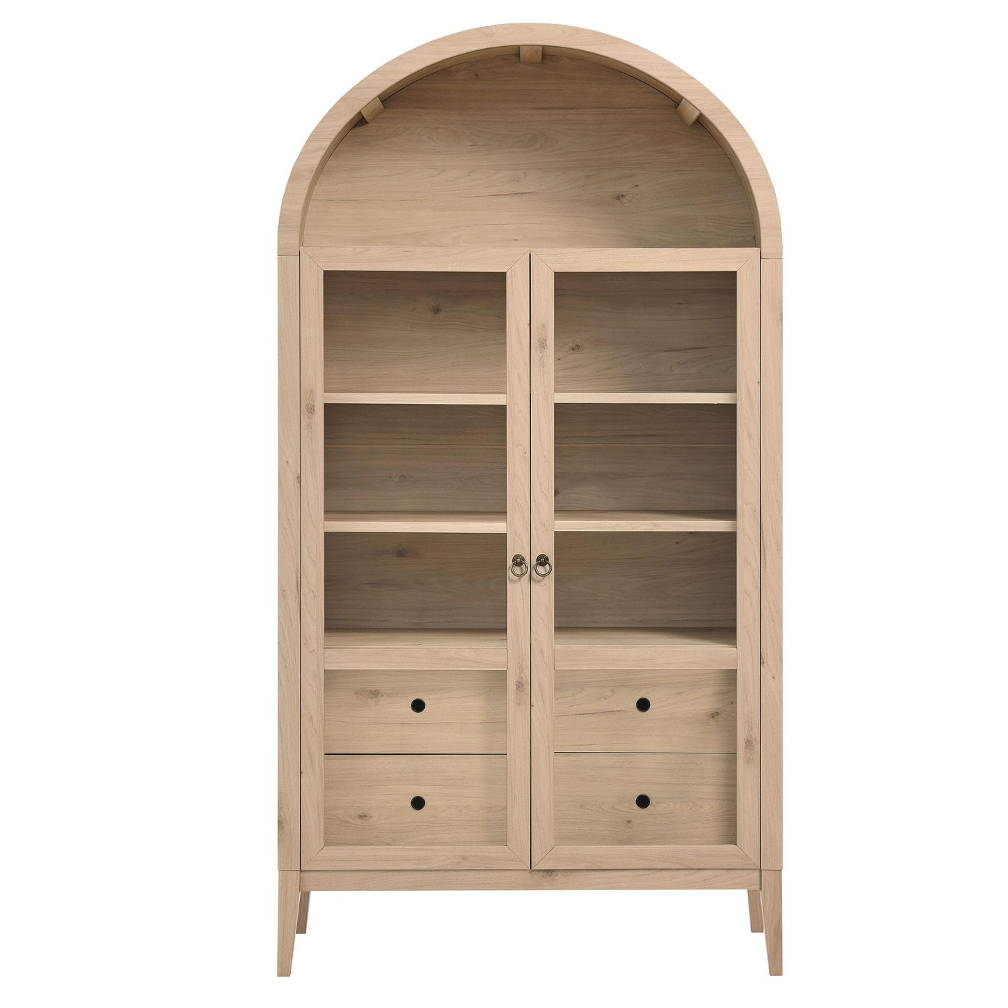 Modway Nolan Tall Arched Storage Display Cabinet in Light Oak - 74 Inch Arch Bookshelf with Glass Doors, Shelves and Drawers - Modern Accent Cabinet for Living Room, Dining Room