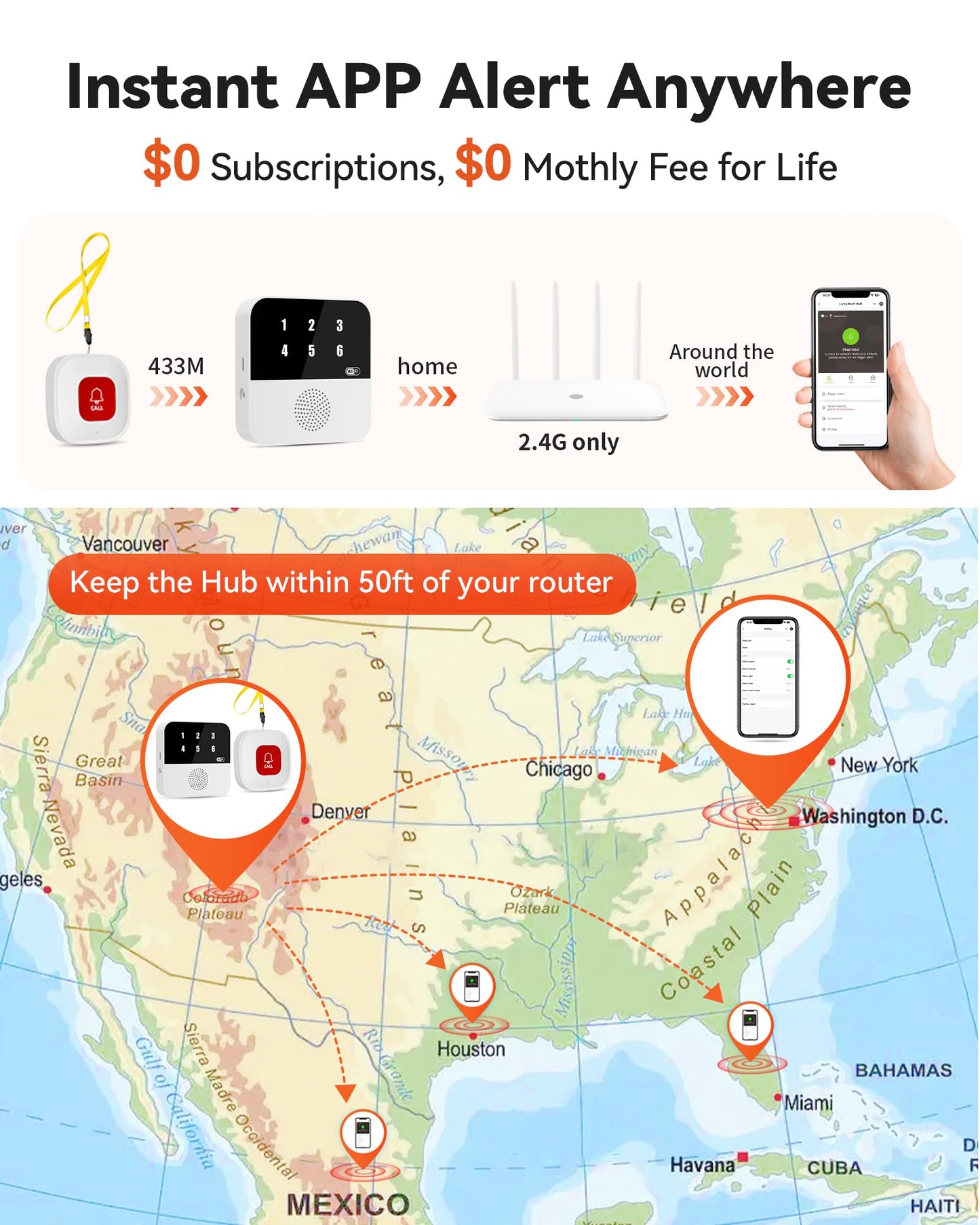 PILSAMAS Wireless Caregiver Call Button System - Dual Hub, Multi-Location Alarm, Dsiplay Caller ID & App Alert, No Monthly Fee, 4 IP65 Panic Buttons, Emergency Alert for Elderly at Home/Nursing Homes