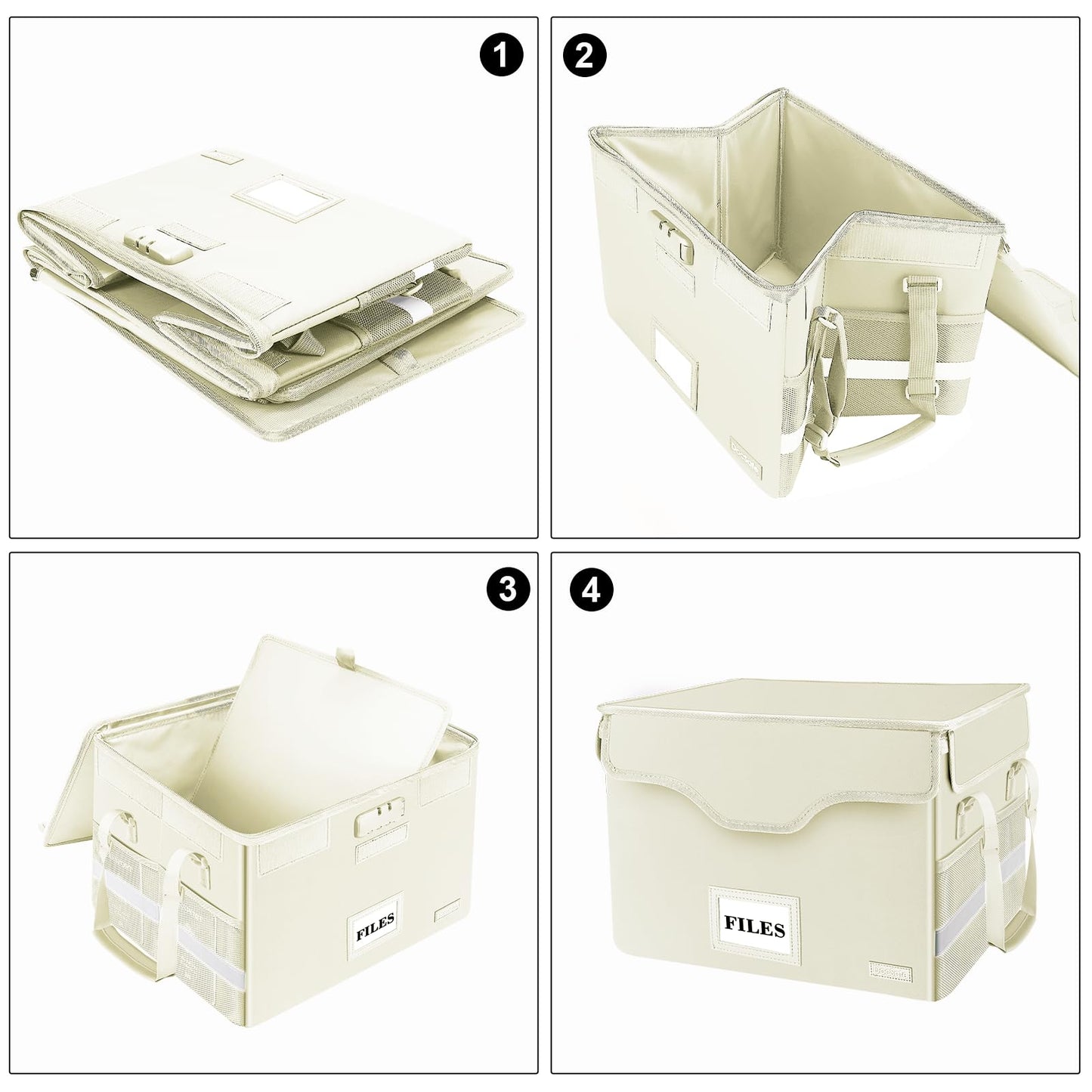 DocSafe Fireproof Document Box with Lock,File Storage Organizer with Zipper Pockets,Collapsible Portable File Box Home Office Safe Filing Cabinet with Handle for Hanging Letter/Legal Folders,Beige