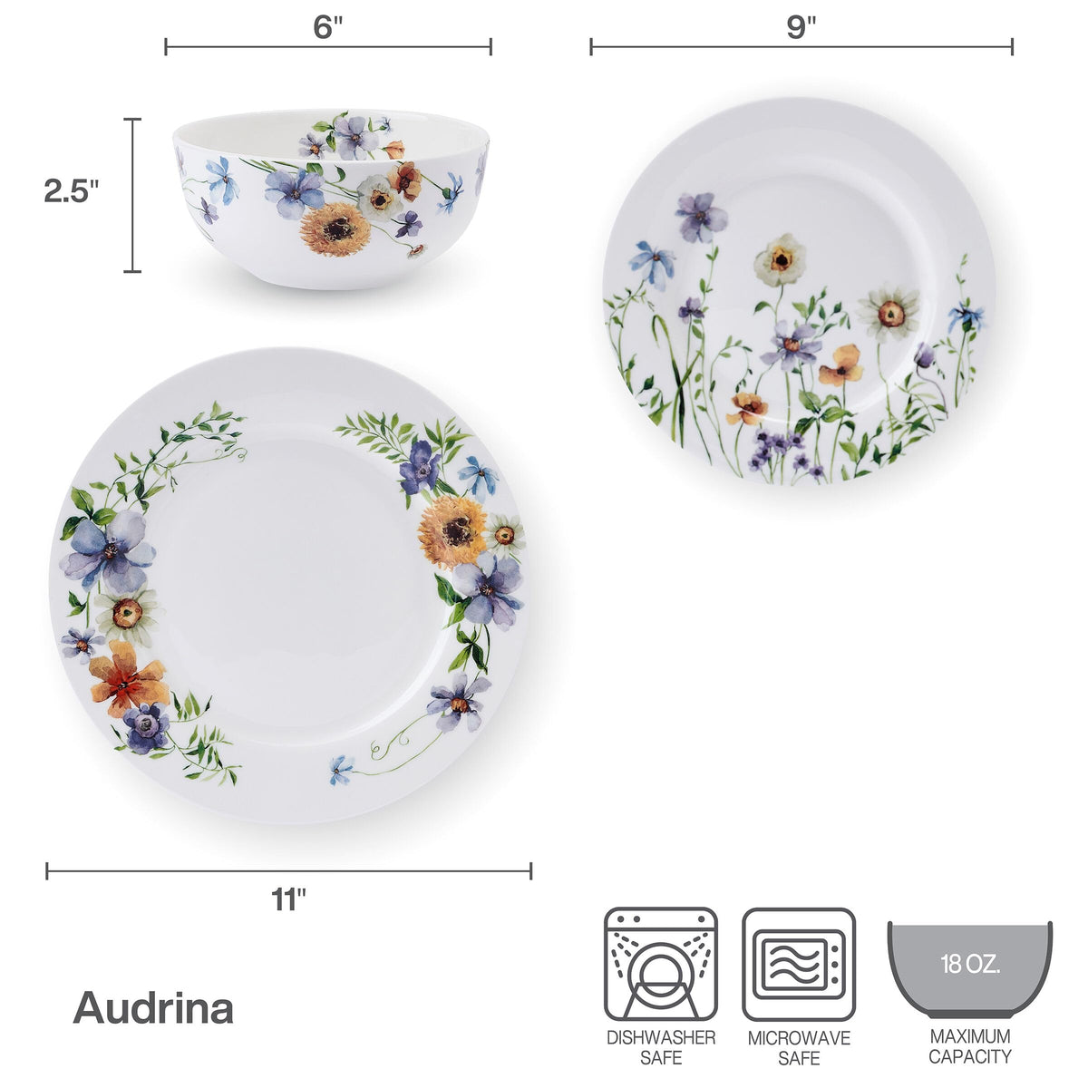 Mikasa Audrina Water Color Flowers Bone China Lightweight Chip Resistant 12 Piece Dinnerware Set, Service for 4, White