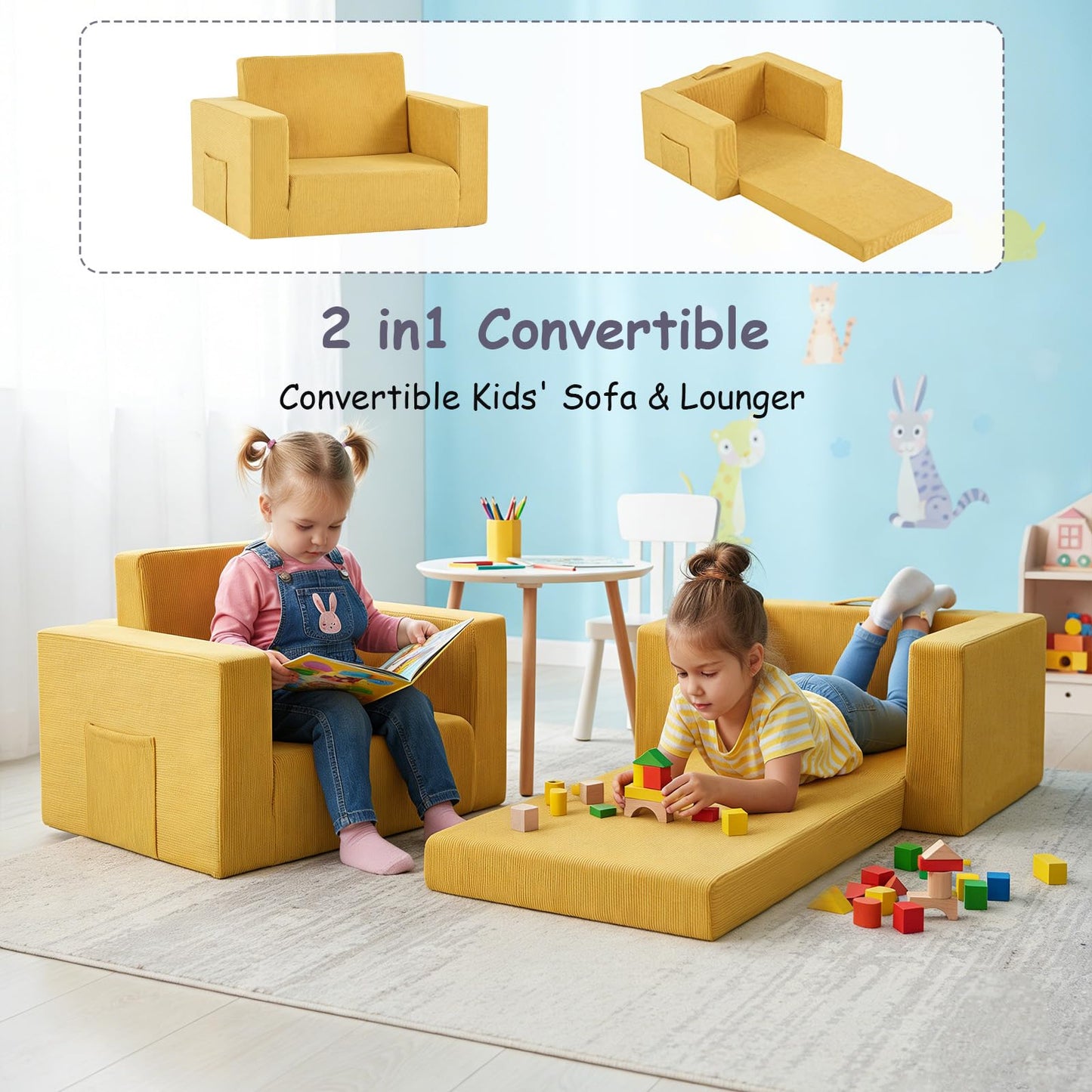 Tiita 2-in-1 Kids Sofa, Convertible Children Couch to Lounger, Flip Out Kids Chair, Toddler Armrest Chair Bed, Folding Kid Play Sofa for Girl or Boy, Corduroy Ginger Yellow