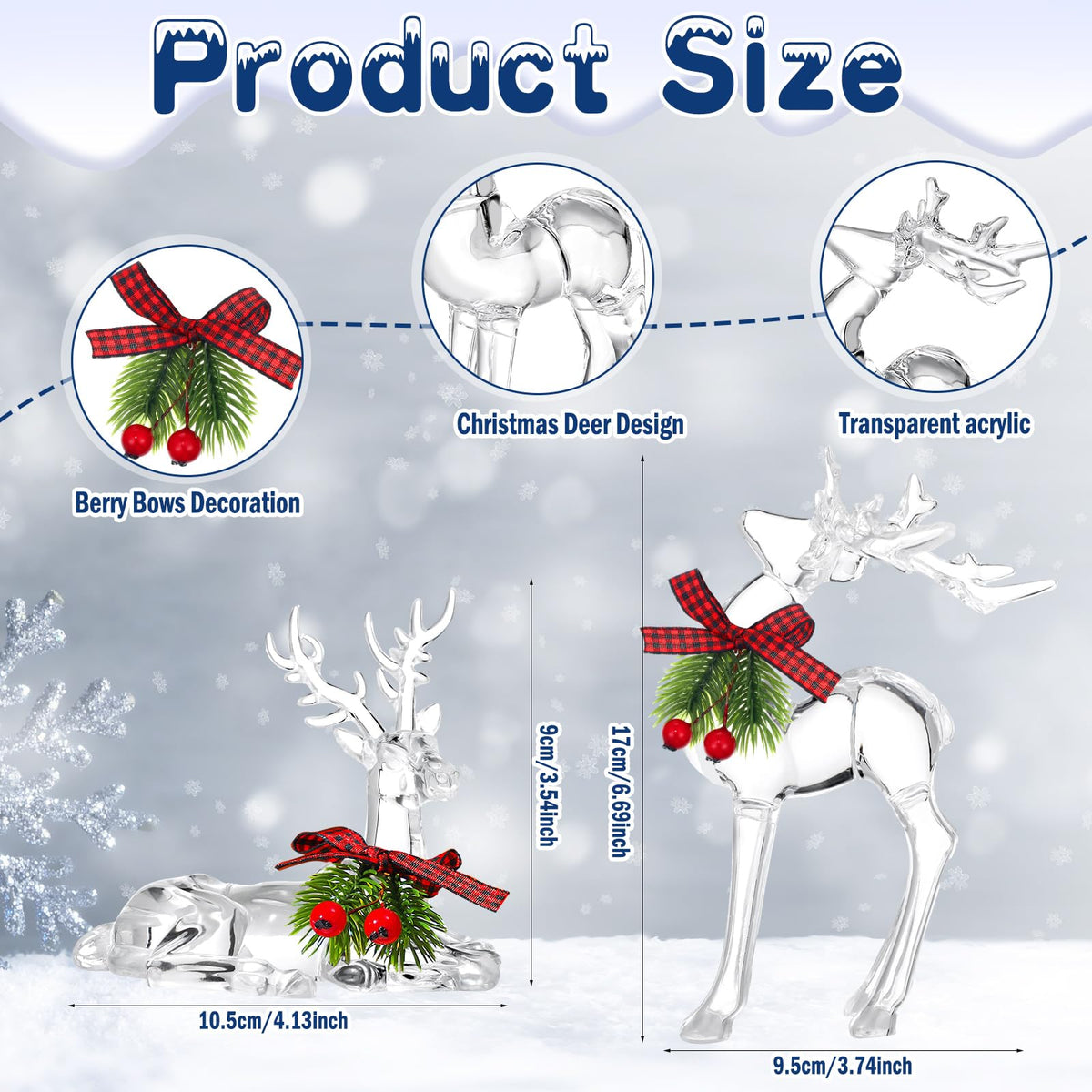 Bucherry 2 Pcs Christmas Reindeer Figurines Decoration Acrylic Deer Decor Christmas Holiday Reindeer Figurine Statues with Red Berries Bow Home Xmas Deer Decor Holiday Party Supplies(Classic Style)