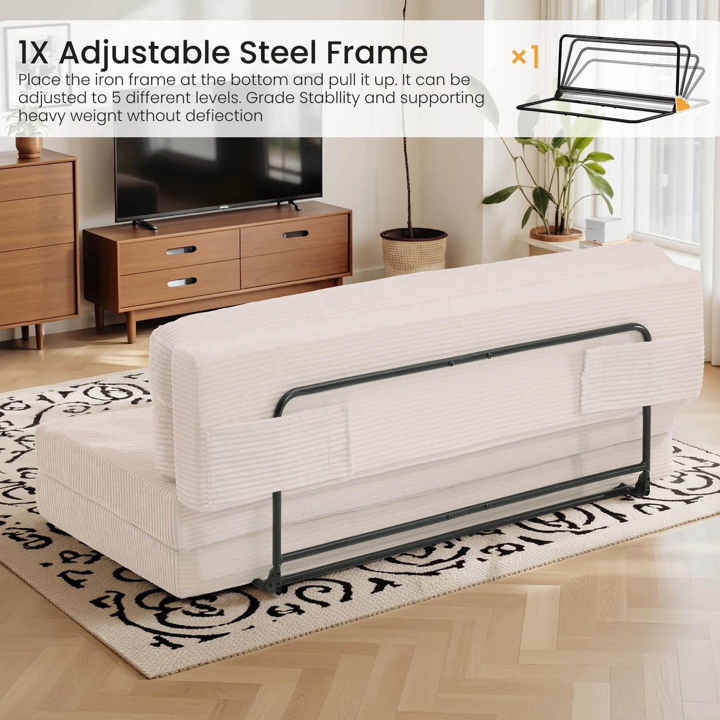 feliz home Folding Mattress, 3 in 1 Convertible Sofa Bed Fold Out Couch Bed Floor Couch Lounge Sleeper Mattress for Living Room, Guest Room (Beige, Full (Frame Included))