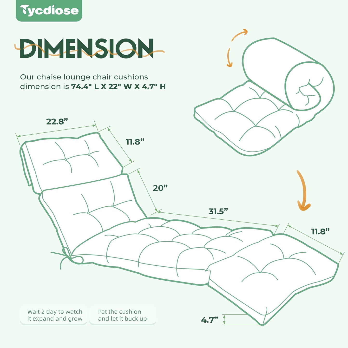 Tycdiose Outdoor Chaise Lounge Chair Cushion Waterproof 74.4 x 22 x 4.7 Inches Memory Foam Lounge Chair Cushions Replacement for Outdoor Furniture with Ties, Thickened Pool Lounge Chair Cushion, Cyan