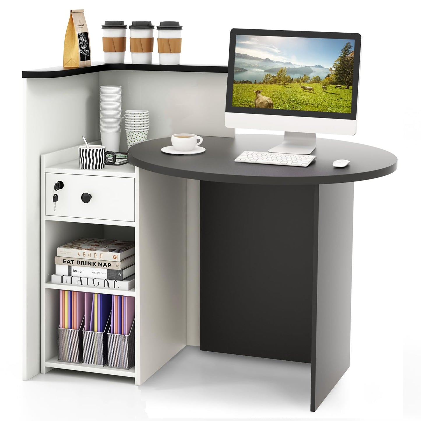 CHEFJOY Reception Desk, Retail Checkout Counter w/Lockable Drawer & Open Shelves, Computer Workstation, Small Front Desk Reception Counter for Company Lobby Store Salon Office (Black & White)