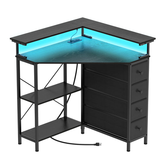 VENNQD Corner Desk with Drawers Shelves for Small Space 90 Degrees Triangle Computer Desk with Power Outlets,Gaming Desk with LED Lights Monitor Stand for Home Office Workstation Writing Table (Black)