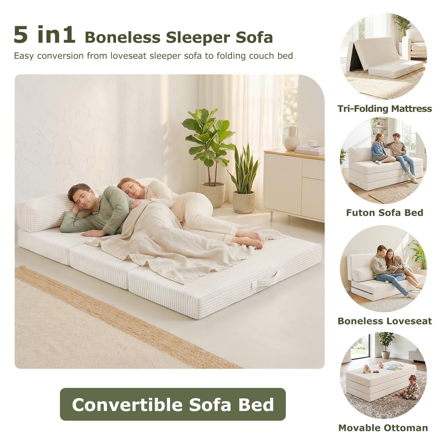NLDD Convertible Sofa Bed, Boneless Loveseat with Removable Cushions & Washable Corduroy Cover, Futon Sofa Bed with Handle, Pull Out Couch for Small Spaces, Full Size, Beige