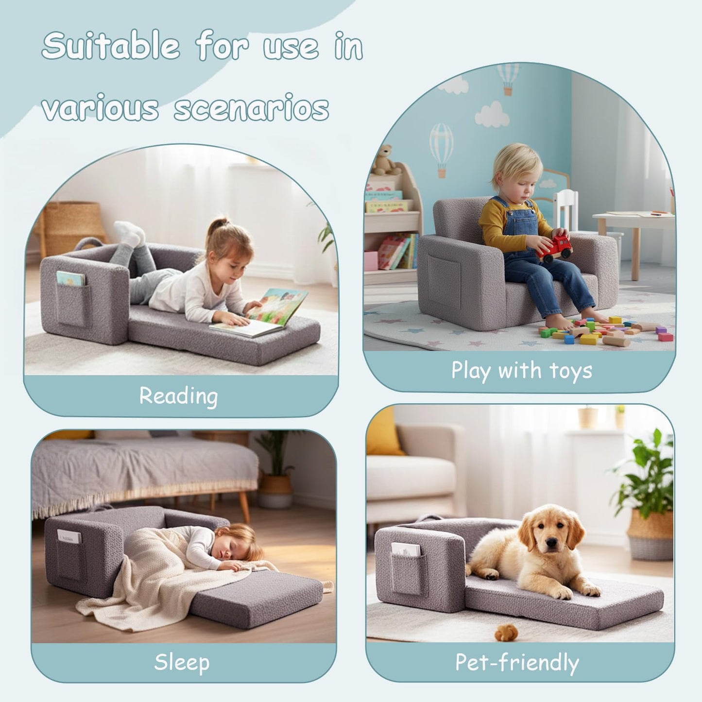 Tiita Kids Sofa, 2-in-1 Todder Couch, Convertible Children Couch to Lounger, Flip Out Kids Sofa Chair, Toddler Armrest Chair Bed, Folding Kids Play Sofa for Girl or Boy (Grey)