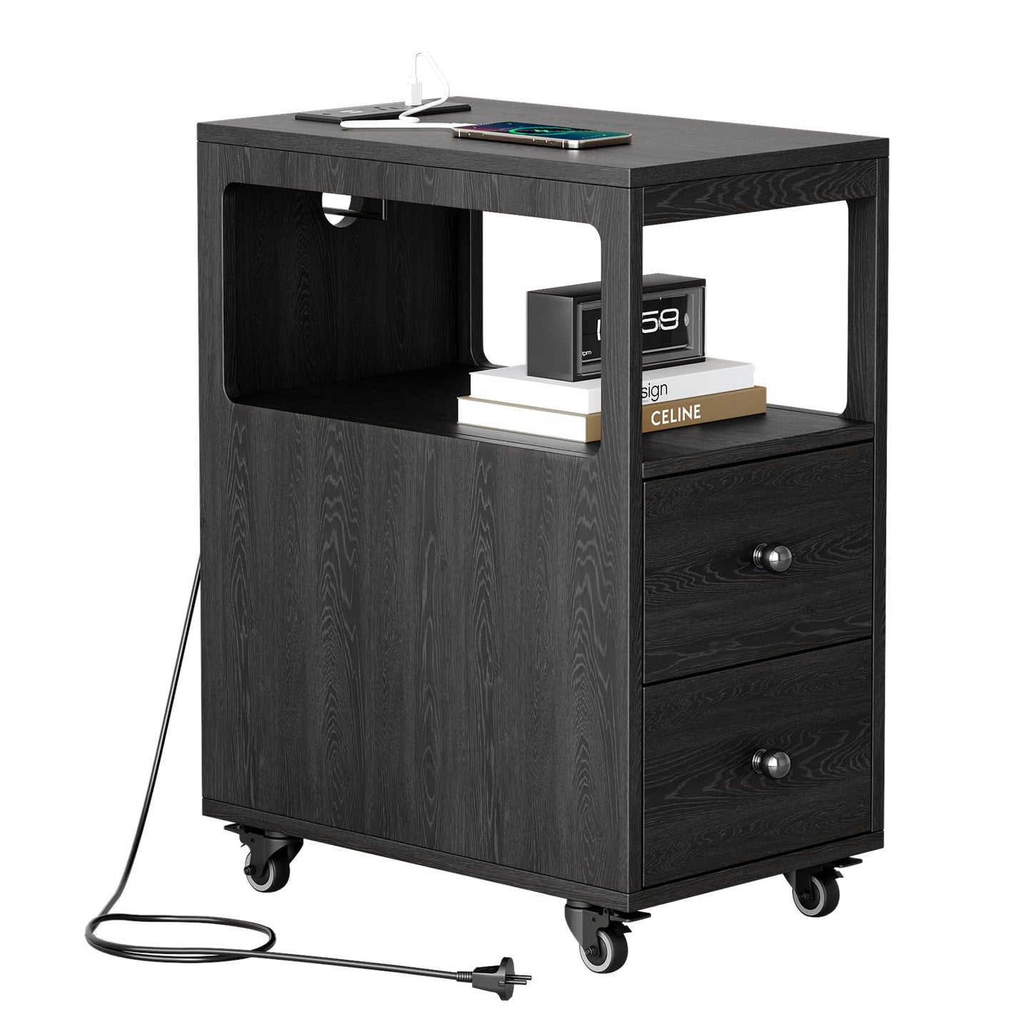 Narrow End Table with Charging Station and Wheels, Movable Narrow Sofa Side Table with USB Ports and Outlets for Small Space, Living Room, Bedroom and Office, Bedside with 4 Wheels (Black)