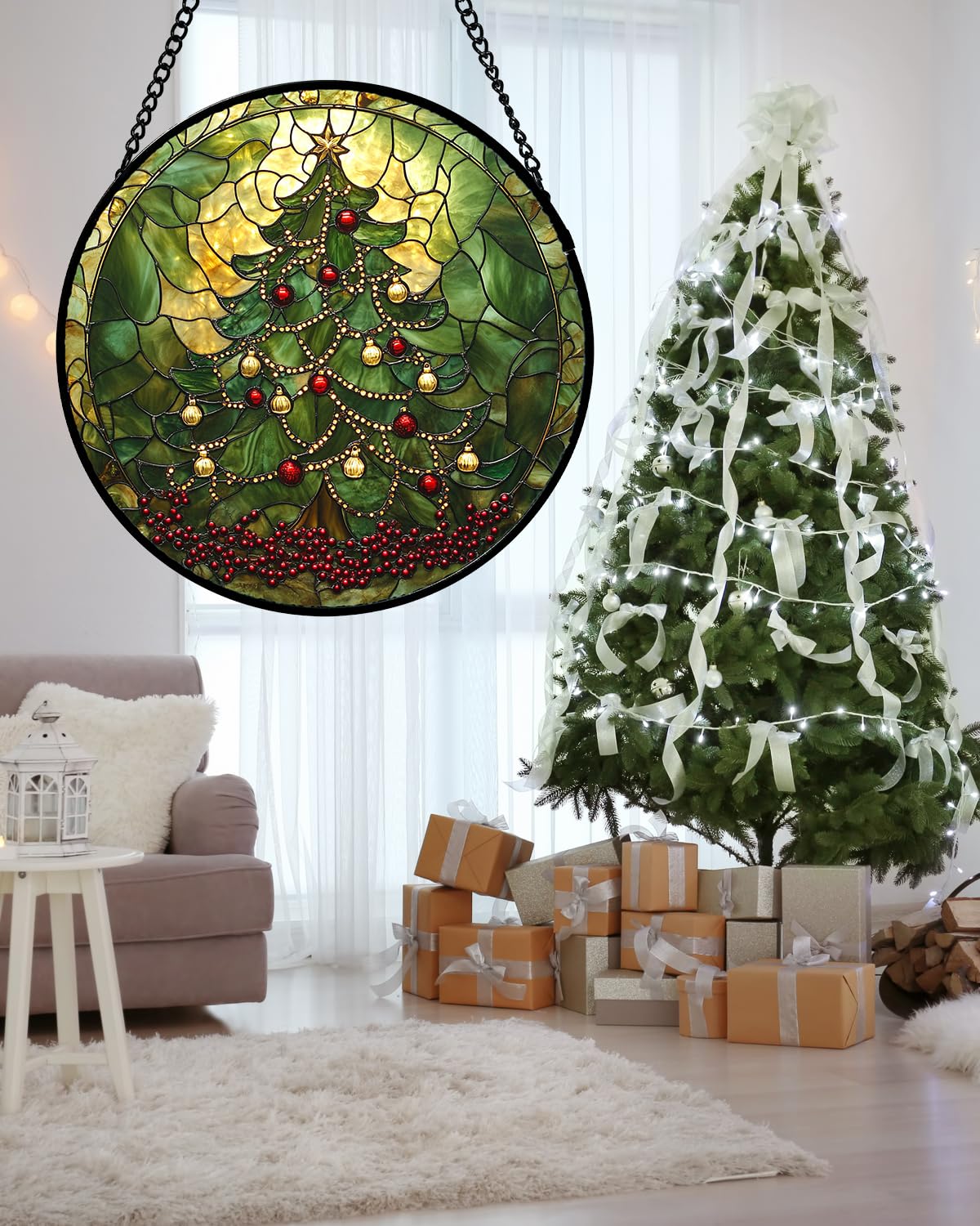 Stained Glass Window Hanging - Retro Green Christmas Tree Suncatcher for Doors Home Christmas Decoration Sun Catcher Thanksgiving New Year Birthday Gifts for Women Men Mom Nana 6.3 in