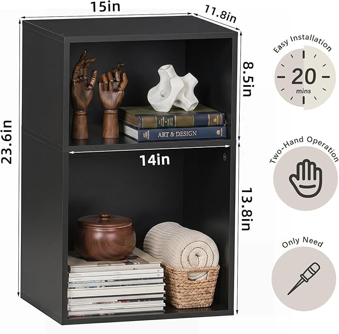 YAHARBO 2 Cube Bookshelf, Horizontal Book Shelf, Small Cubby Bookcase
